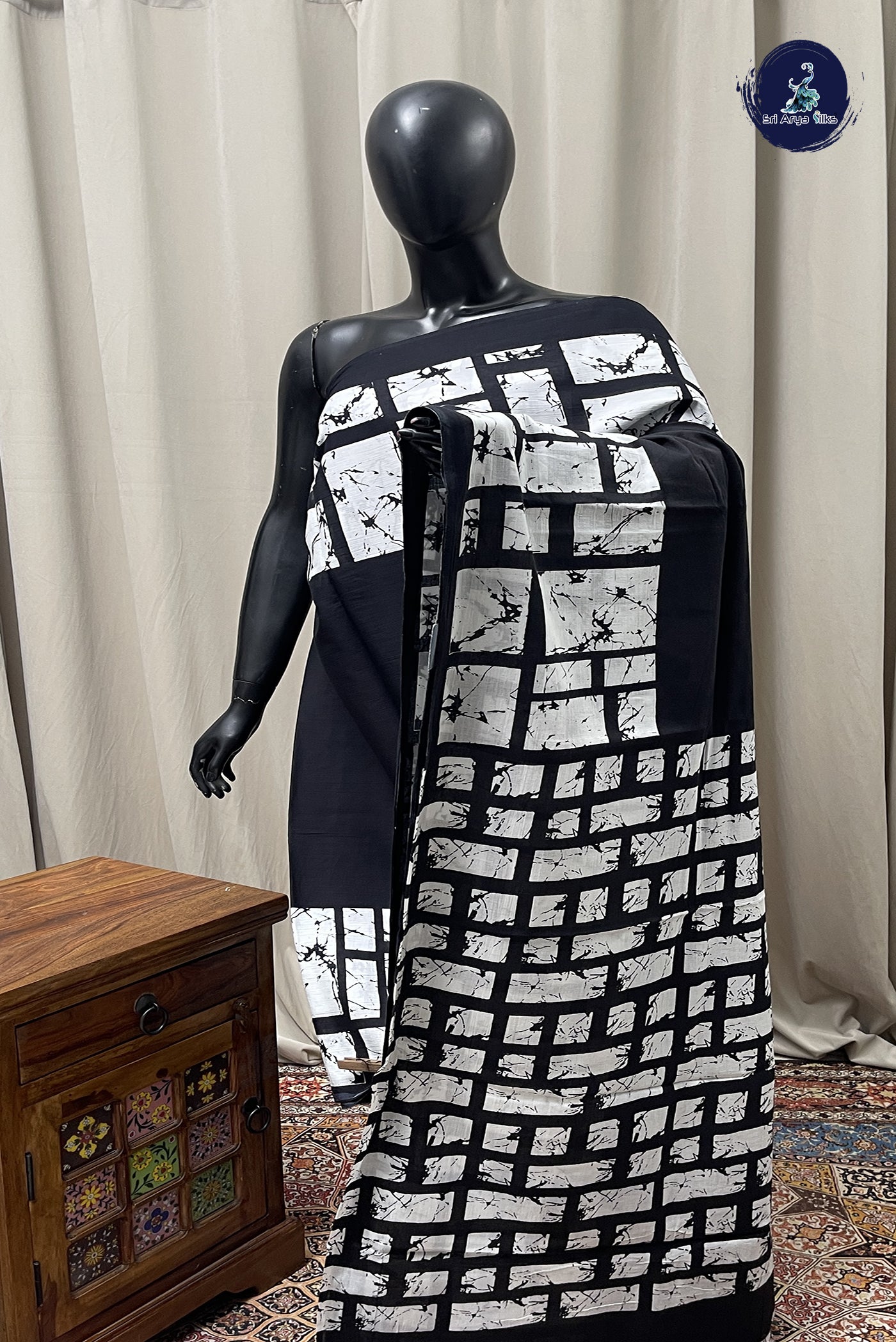 Black Cotton Saree With  Printed Pattern