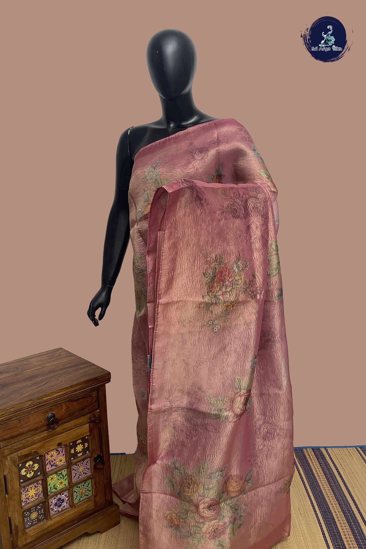 Onion Pink Tissue Banarasi Saree With Floral Digital Print Pattern
