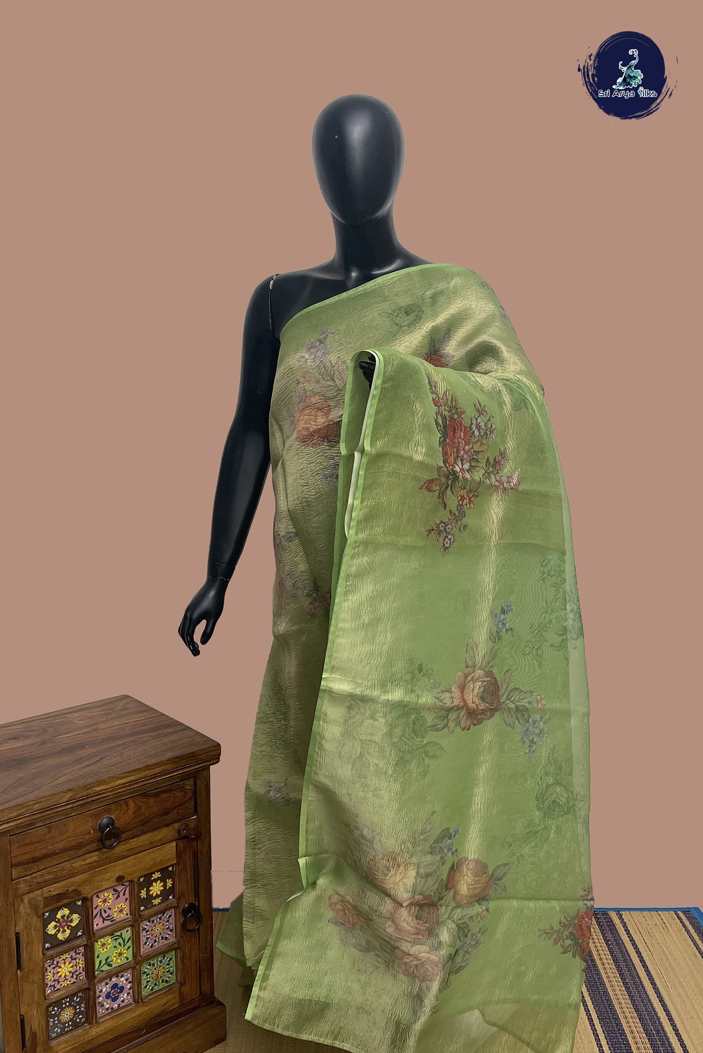 Pista Green Tissue Banarasi Saree With Floral Digital Print Pattern