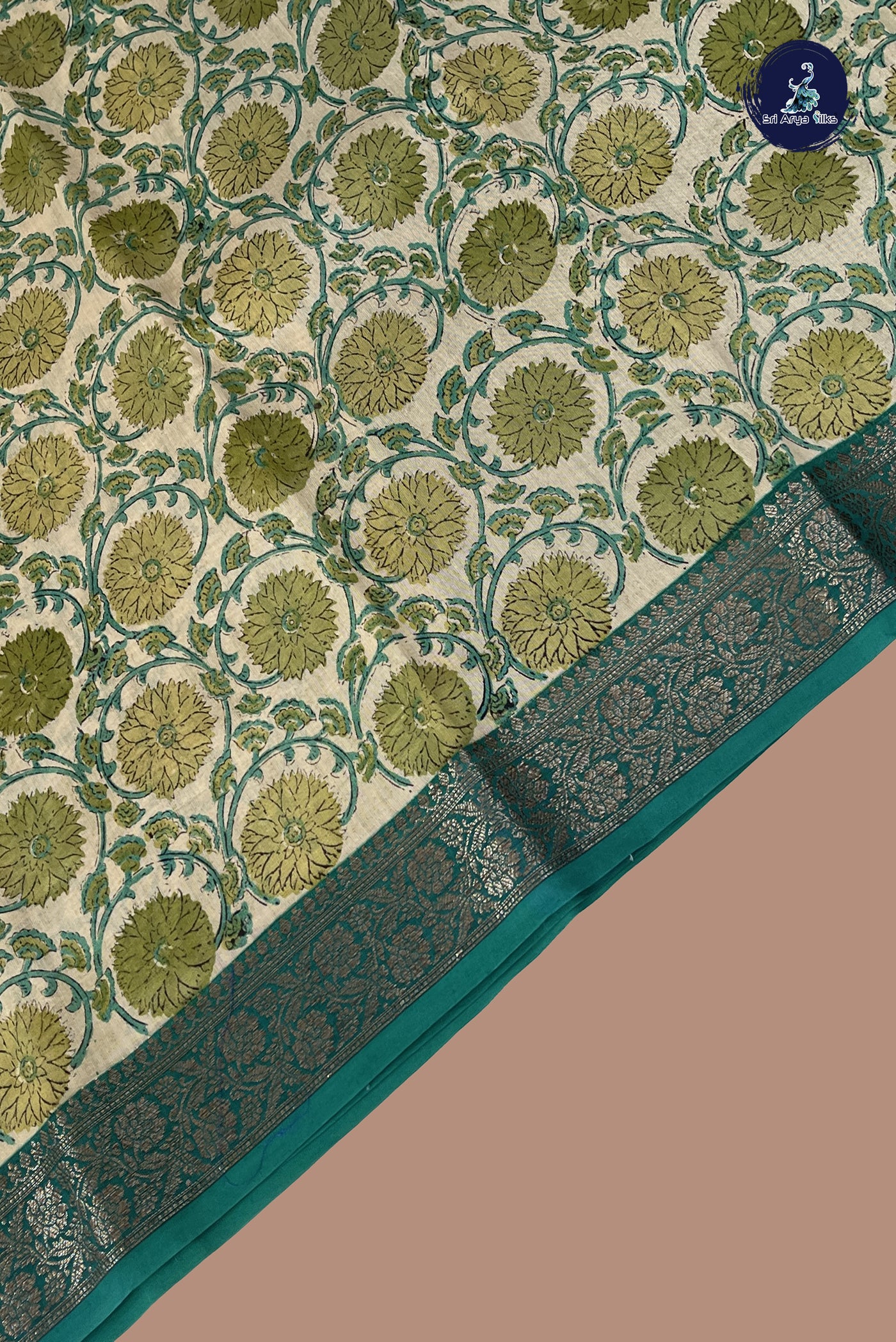 Chikku Shade Chanderi Silk Cotton Saree With Ajrakh Print Pattern
