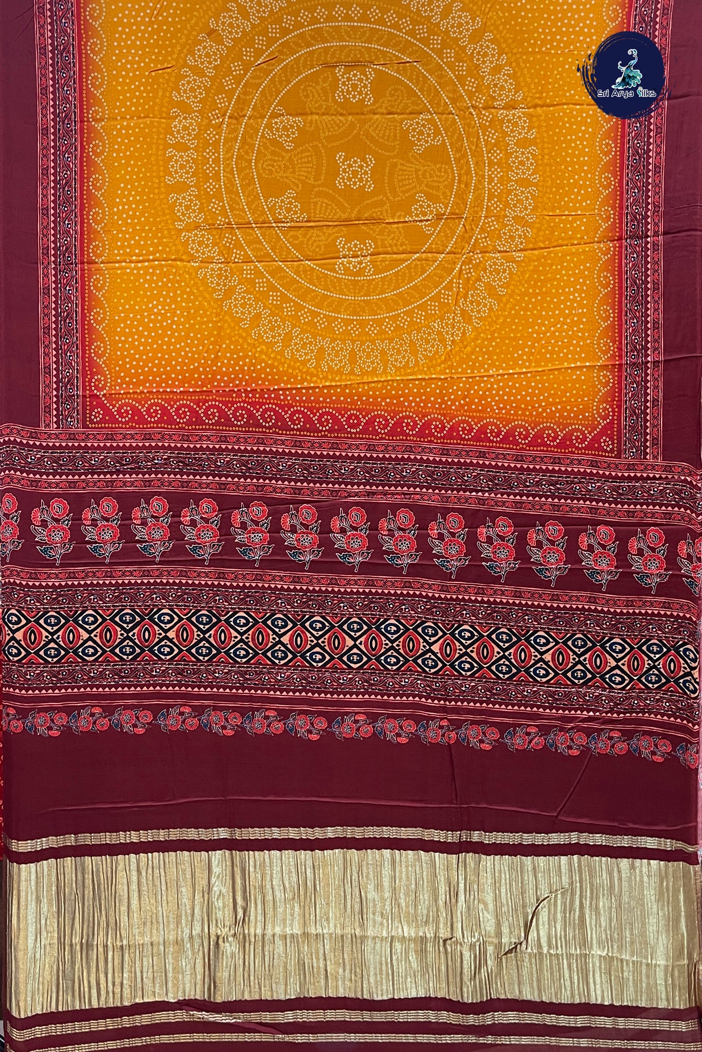 Yellowish Orange Gajji Silk With Bhandini Print Pattern