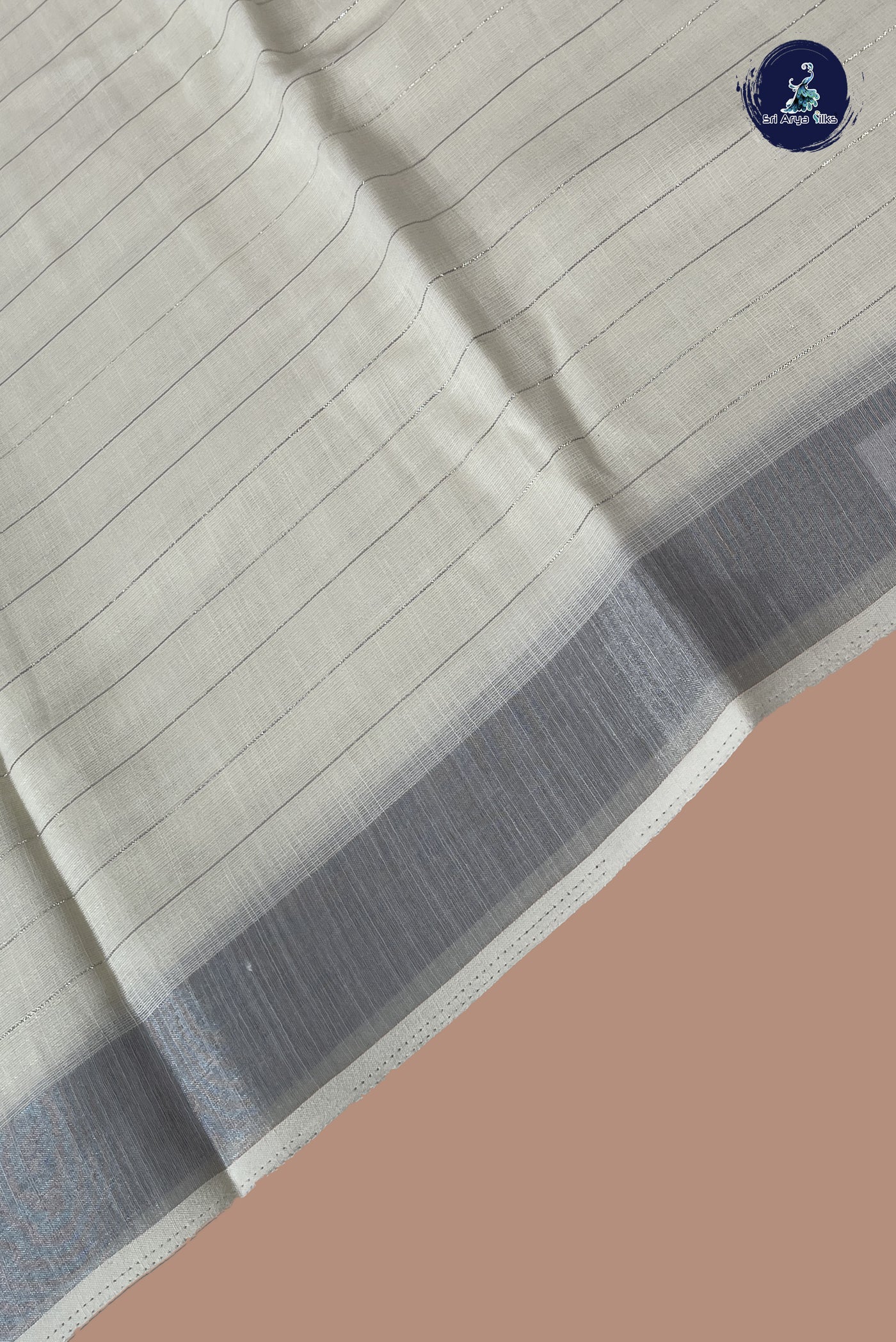 Off White Linen Saree With Stripes Pattern