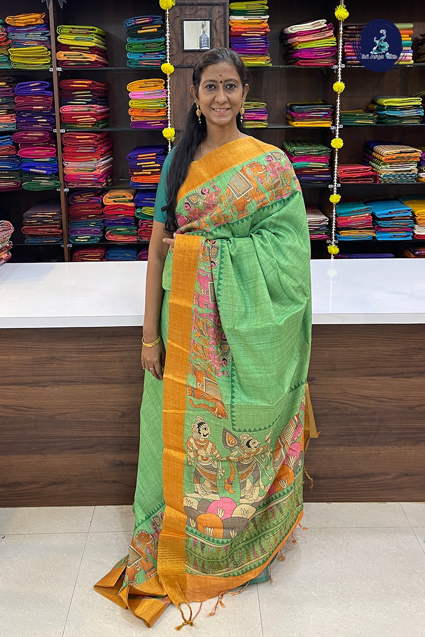 Pastel Green Tussar Saree With Floral Print Pattern