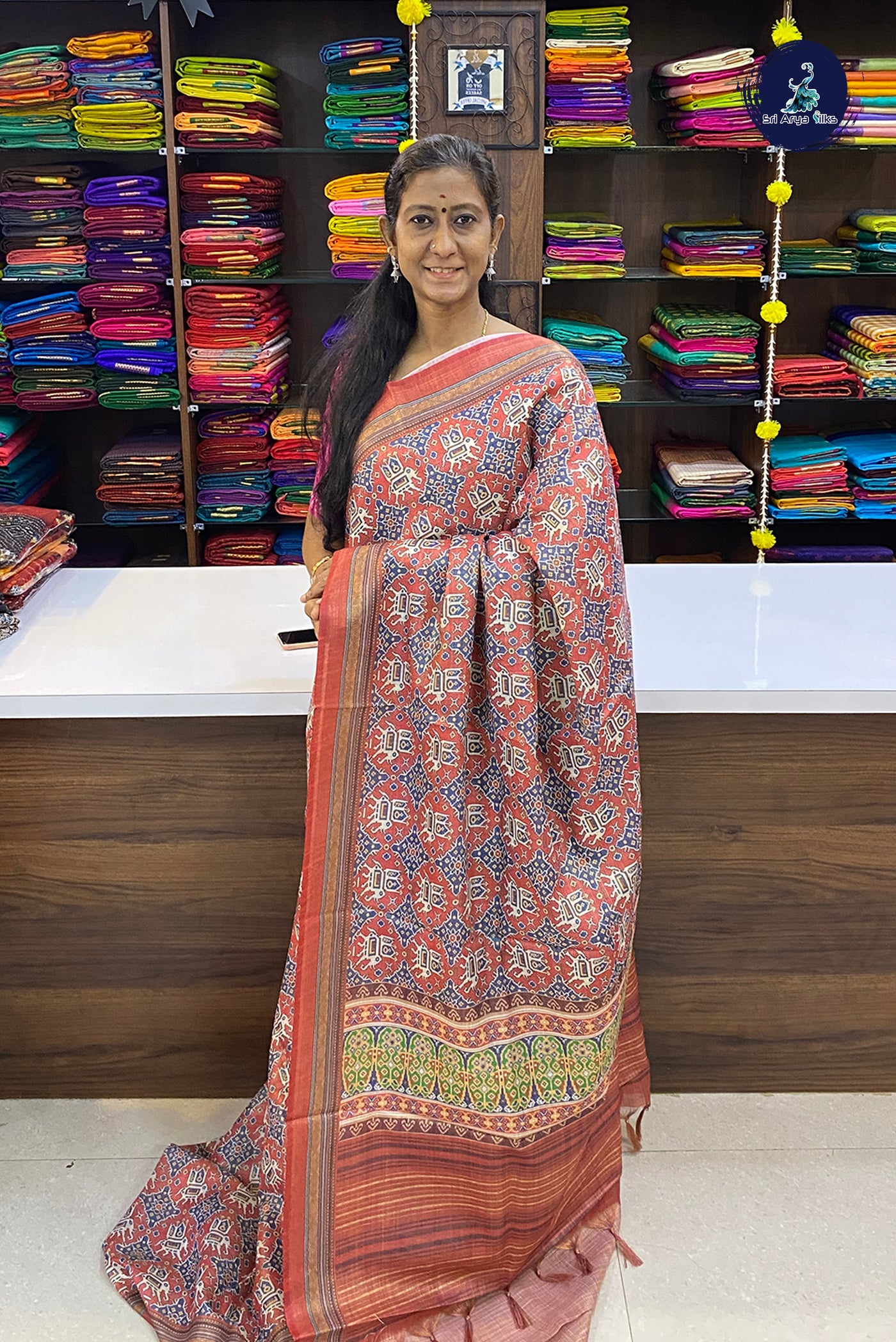 Brick Orange Tissue Banarasi Saree With Patola Pattern