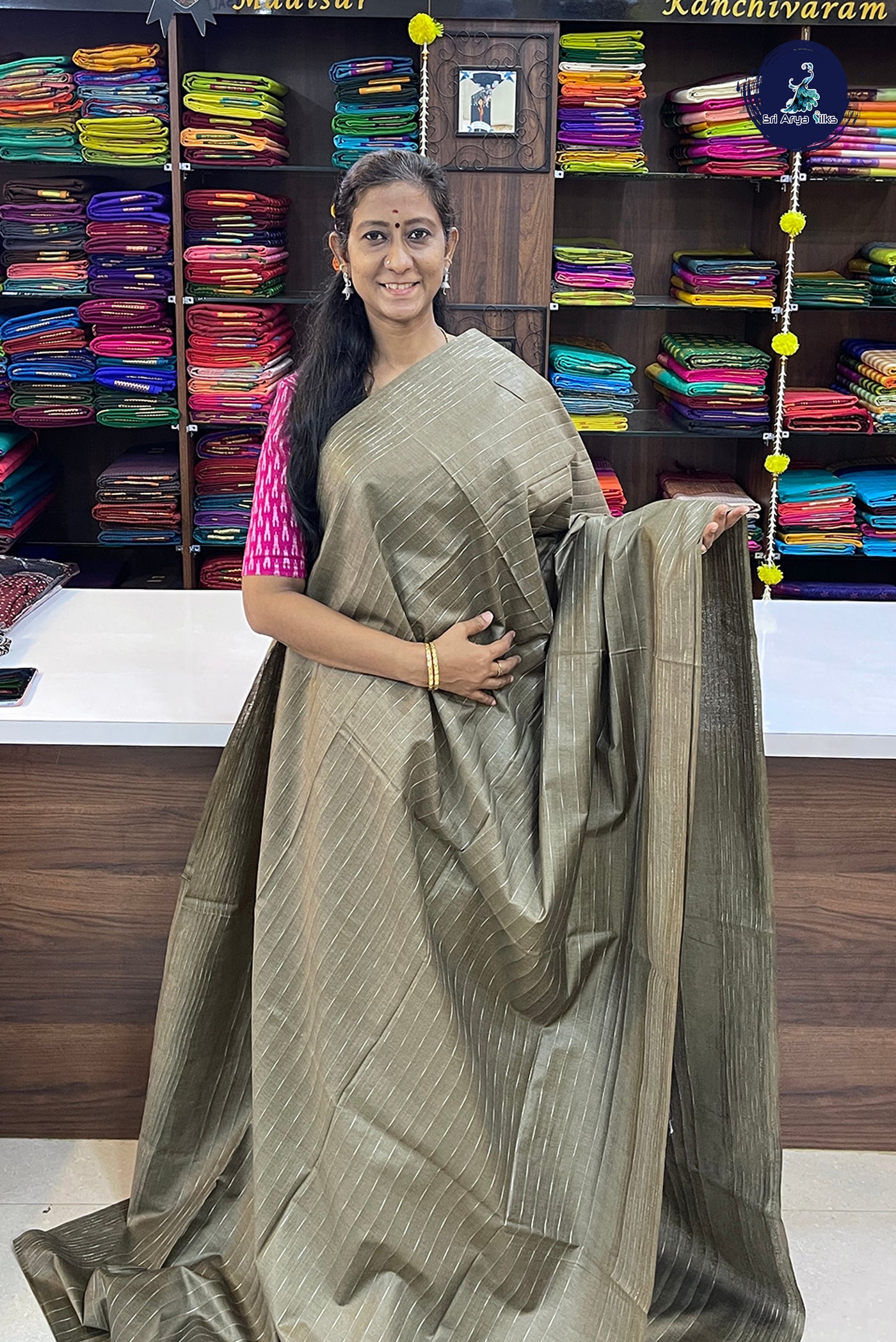 Greyish Green Tussar Saree With Stripes Pattern