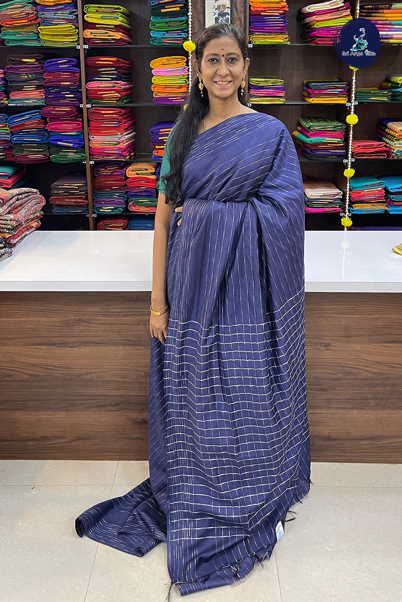 Navy Blue Tussar Saree With Stripes Pattern