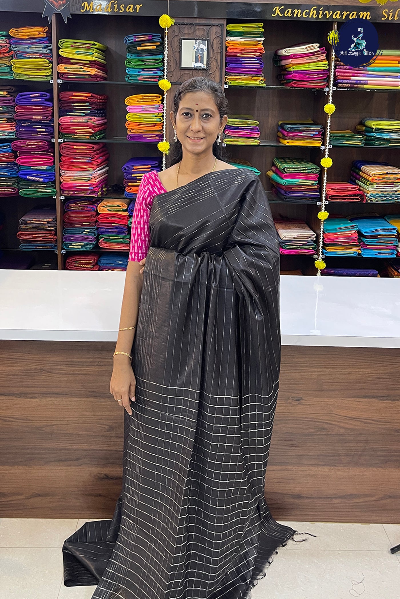 Black Tussar Saree With Stripes Pattern