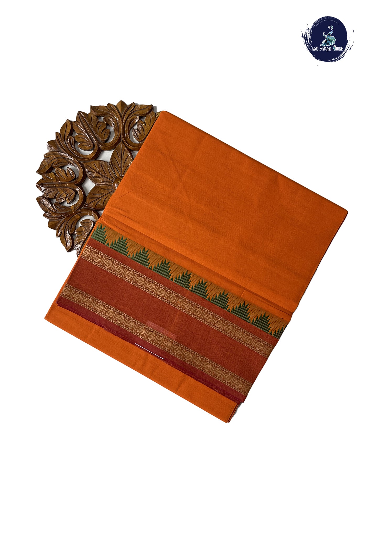 Orange Chettinad Cotton Saree With Plain Pattern