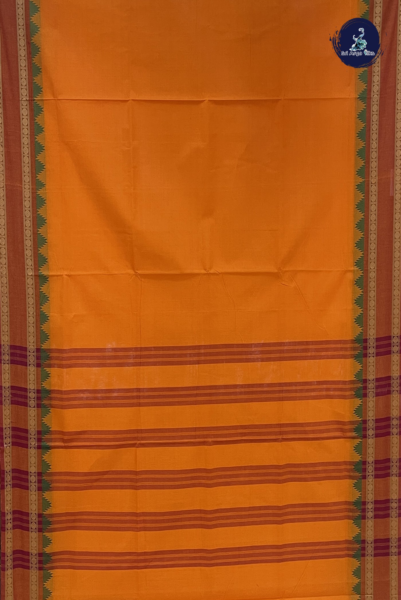 Orange Chettinad Cotton Saree With Plain Pattern