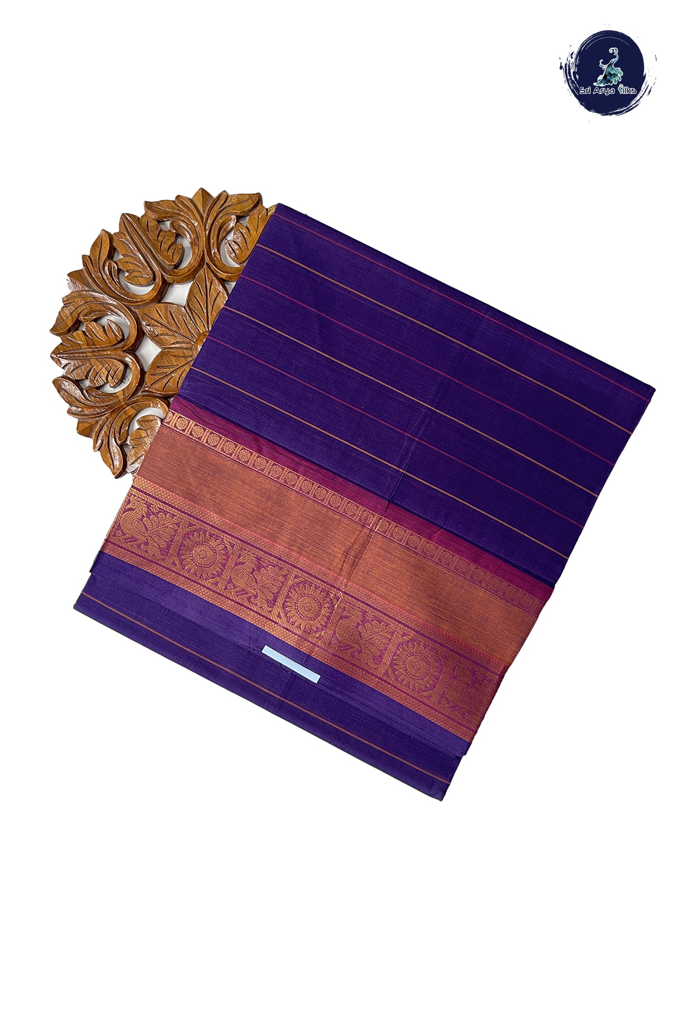 Dark Brinjal Chettinad Cotton Saree With Stripes Pattern