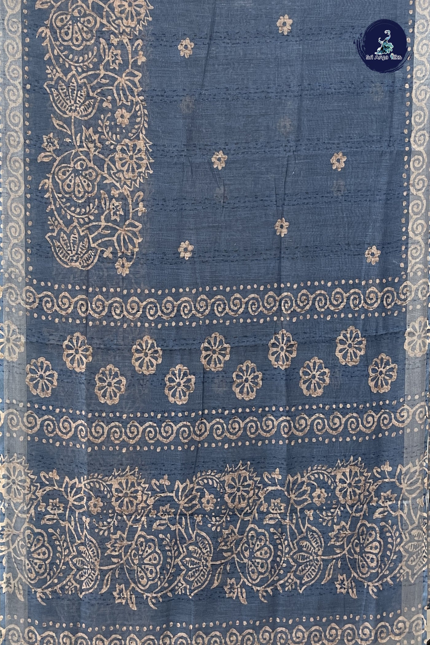 Bluish Grey Linen Saree With Printed Pattern