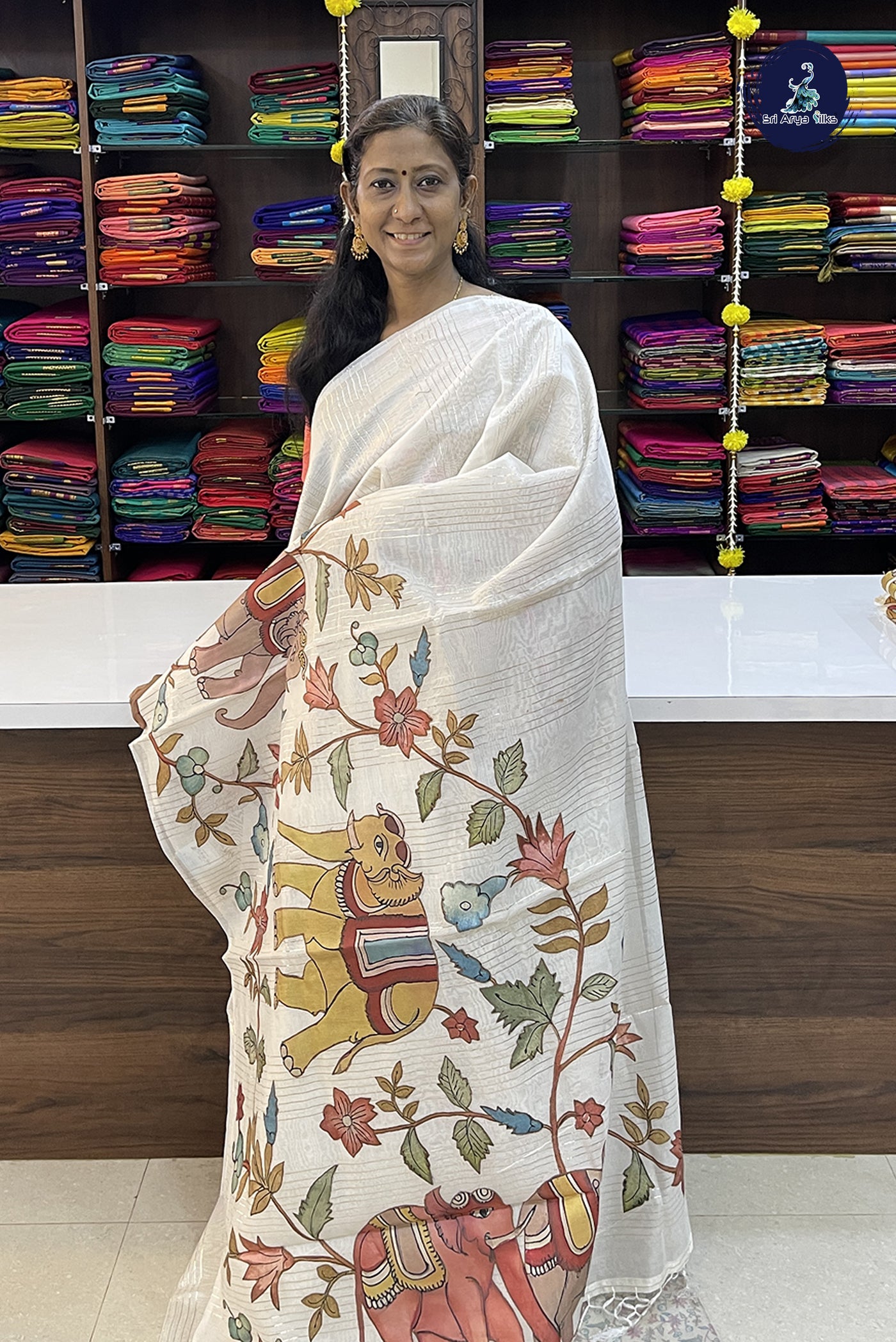 Pearl White Raw Silk Saree With Kalamkari Pattern