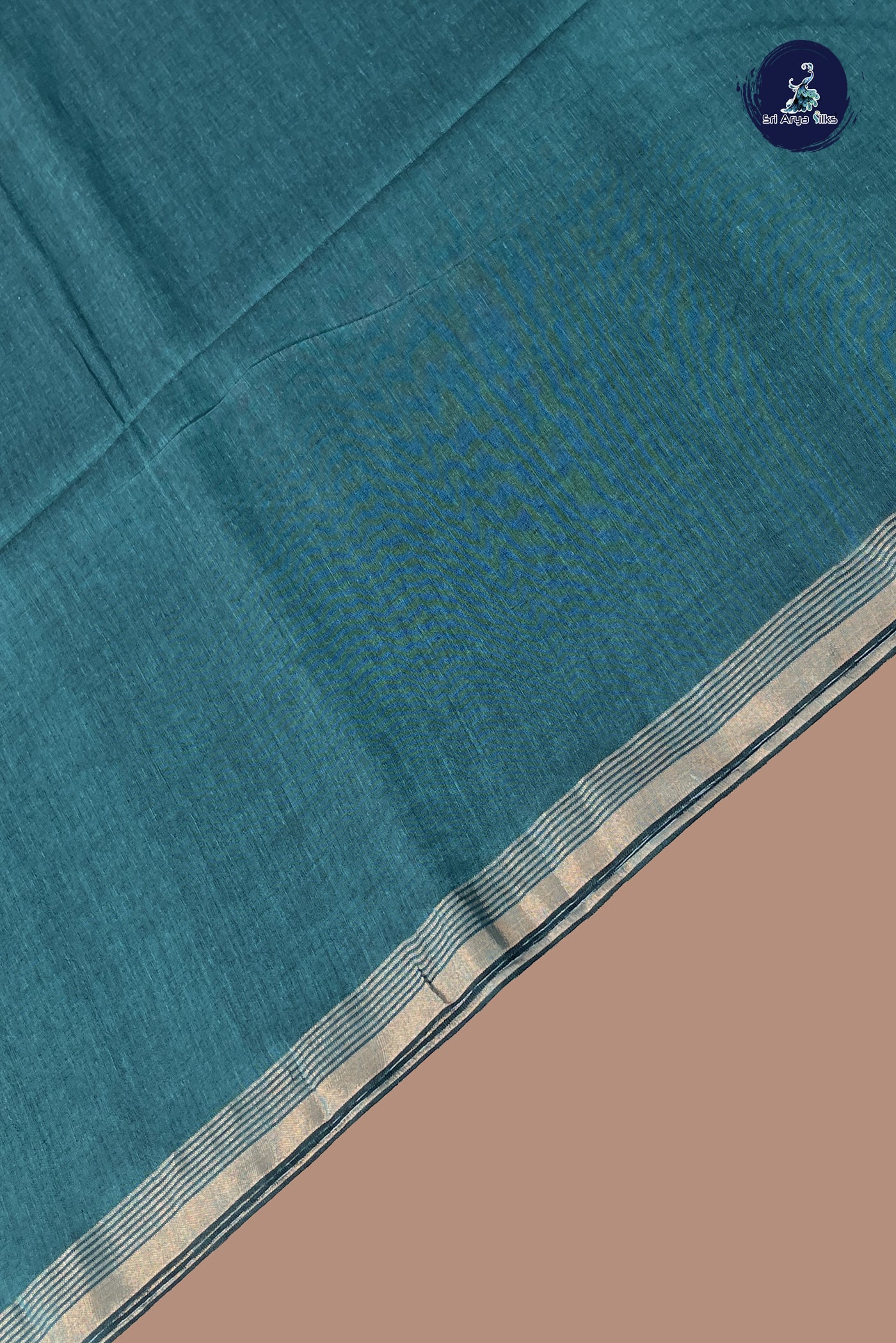 Peacock Blue Linen Saree With Plain Pattern