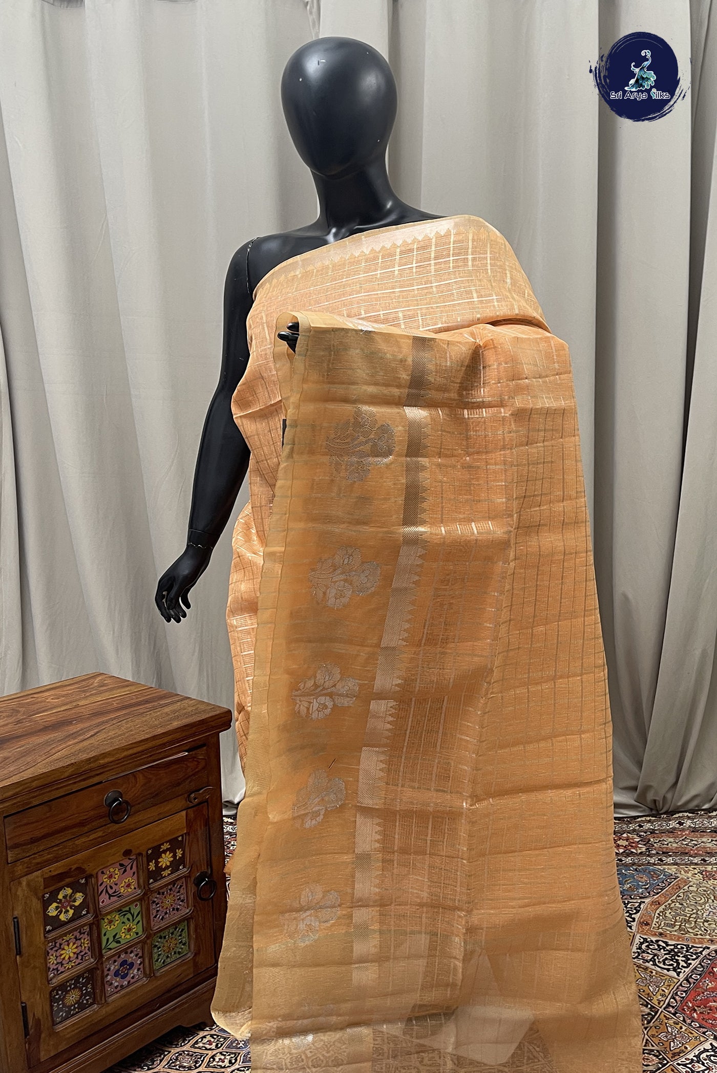 Orange Tissue Saree With Zari Checked  Pattern