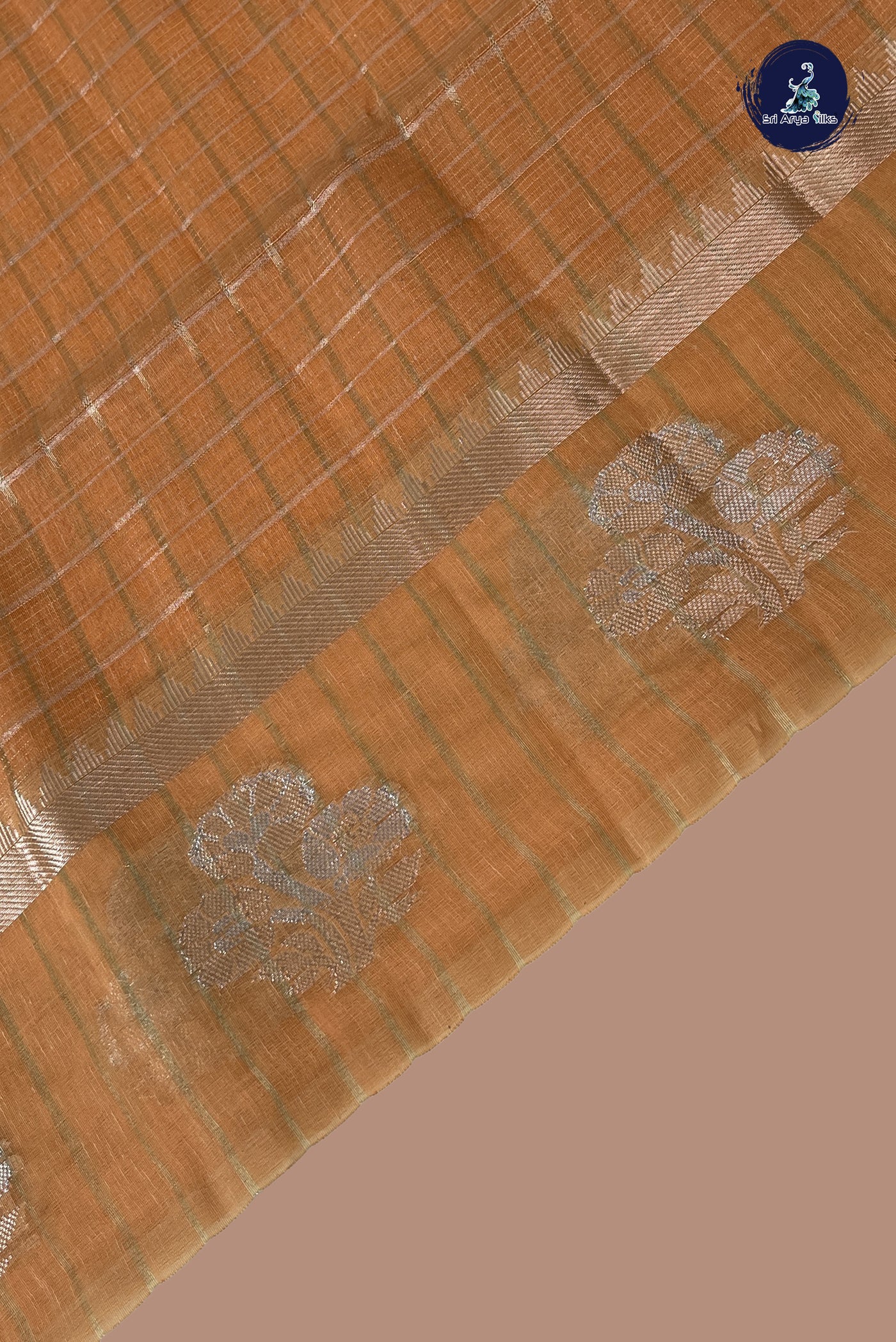 Orange Tissue Saree With Zari Checked  Pattern