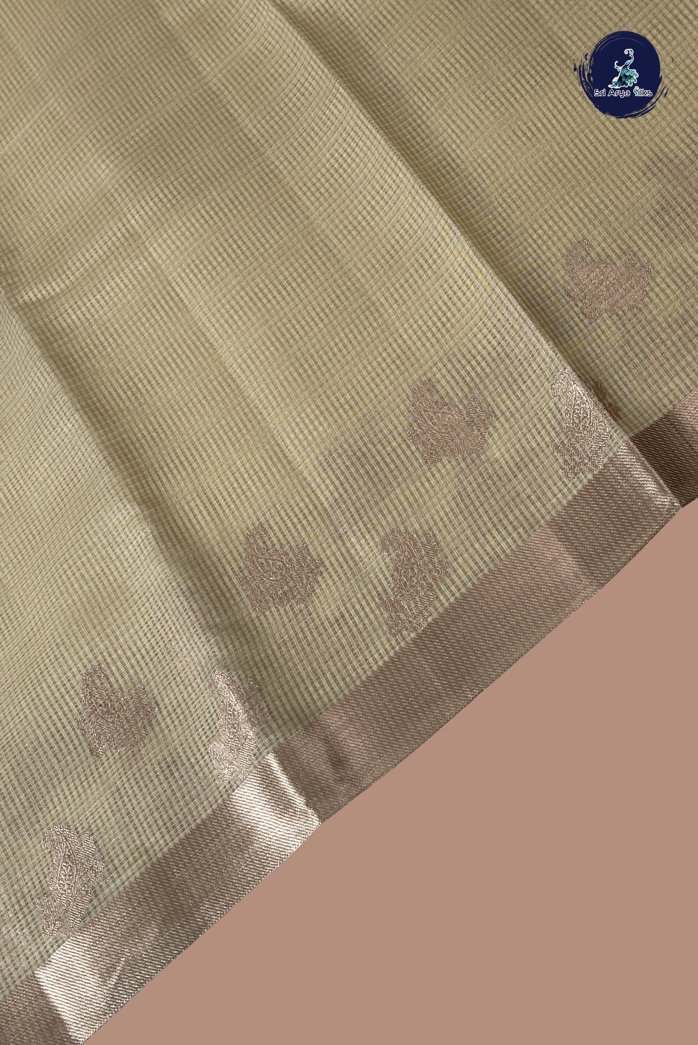 Cream Tissue Saree With Checked Pattern