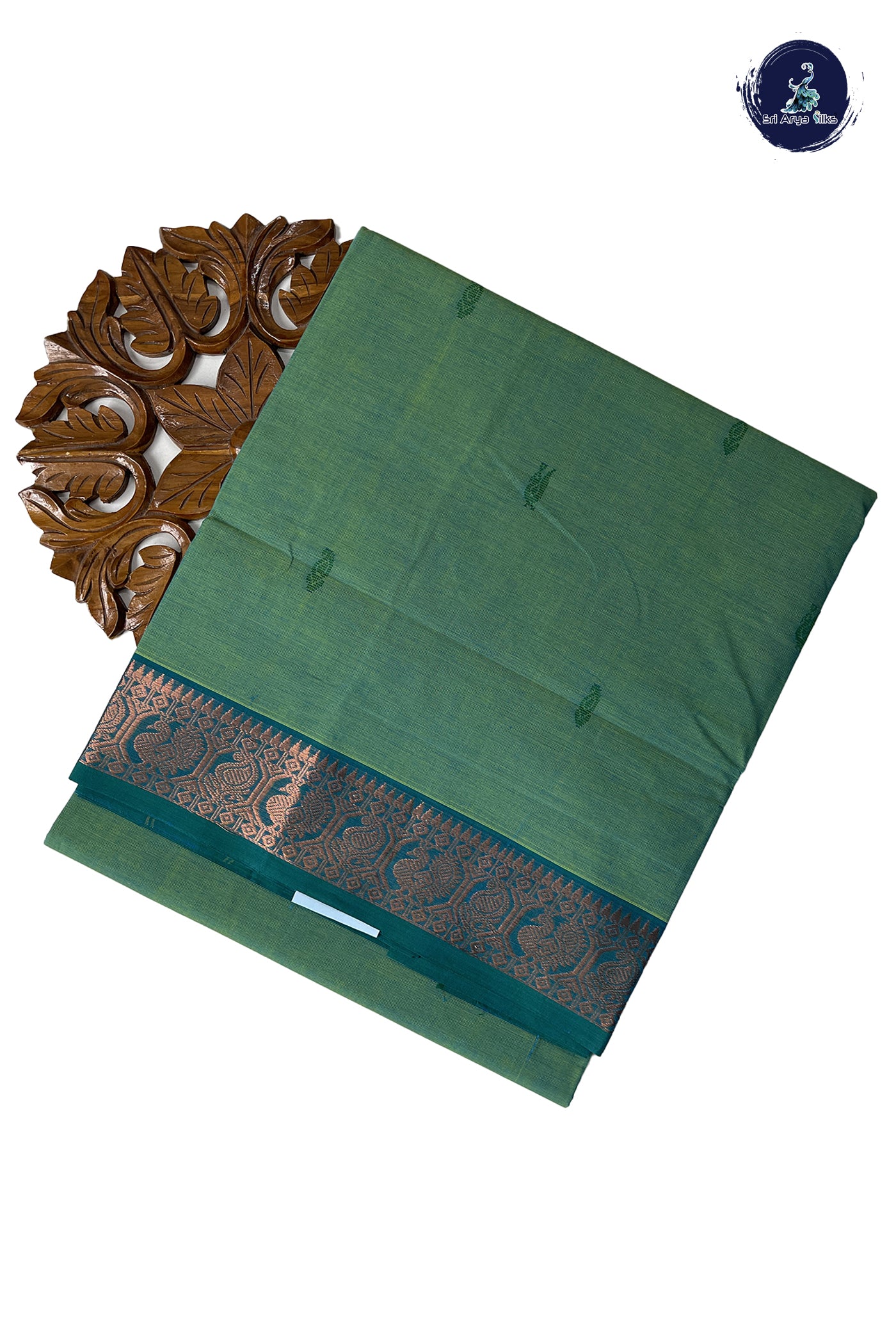 Bluish Green Chettinad Cotton Saree With Buttas Pattern