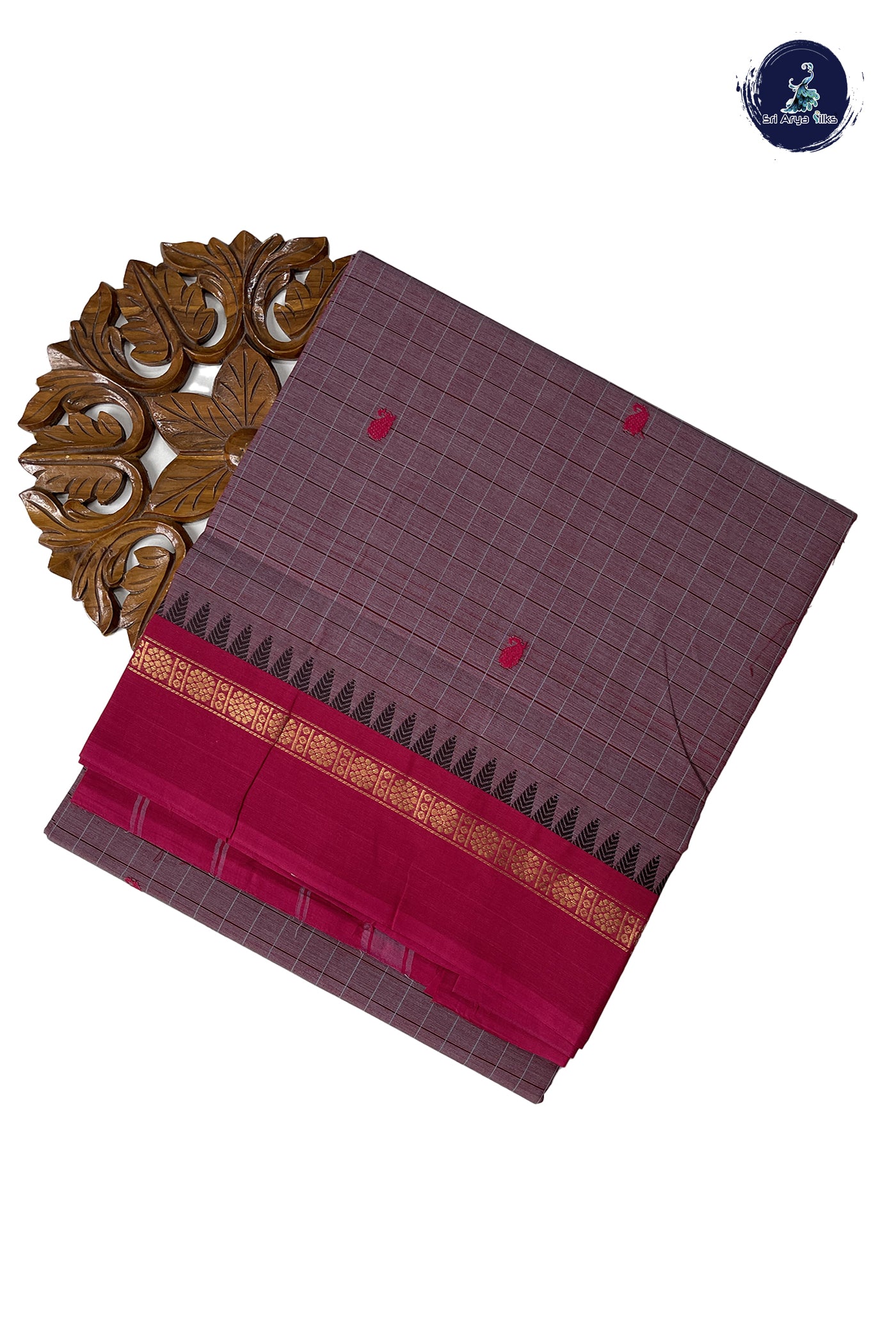 Mauve Grey Chettinad Cotton Saree With Checked Pattern