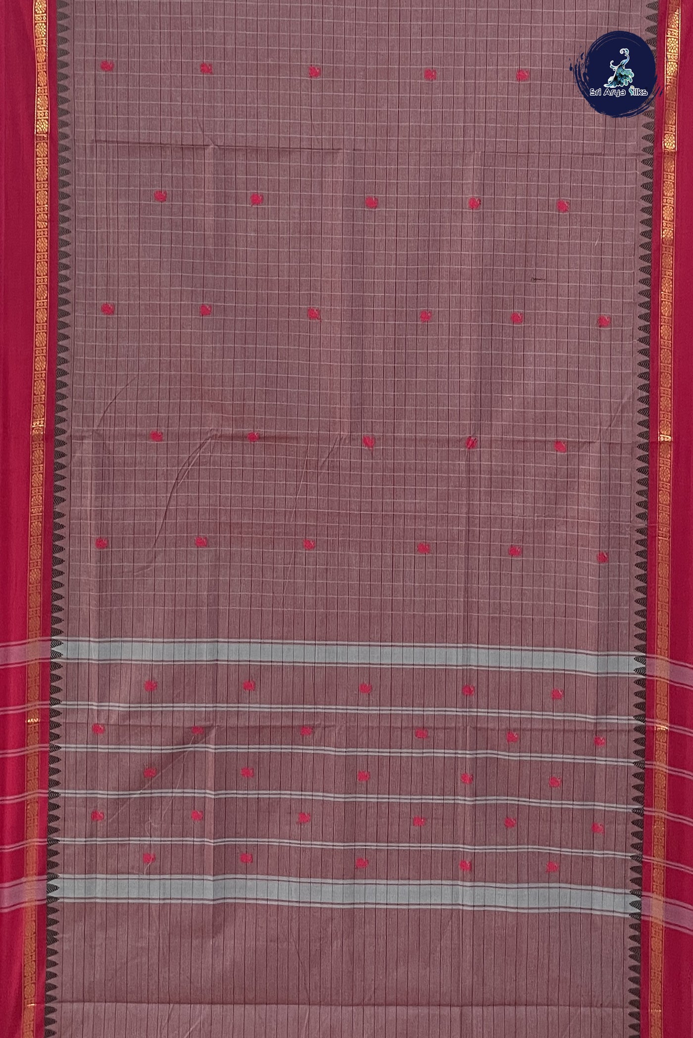 Mauve Grey Chettinad Cotton Saree With Checked Pattern