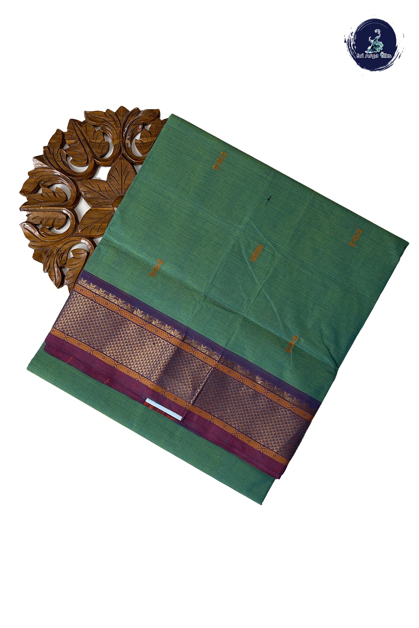 Bluish Green Chettinad Cotton Saree With Buttas Pattern