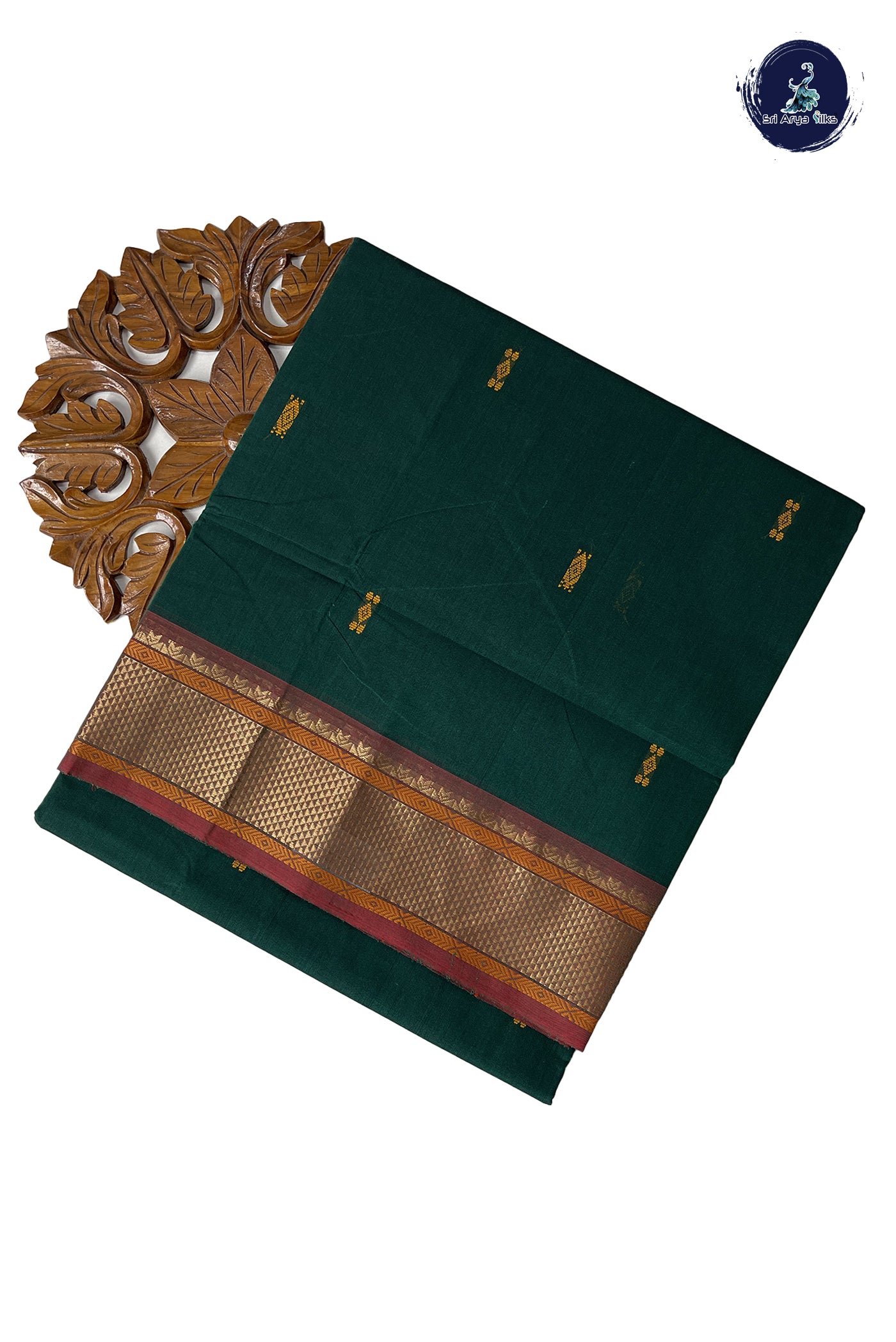 Dark Green Chettinad Cotton Saree With Buttas Pattern