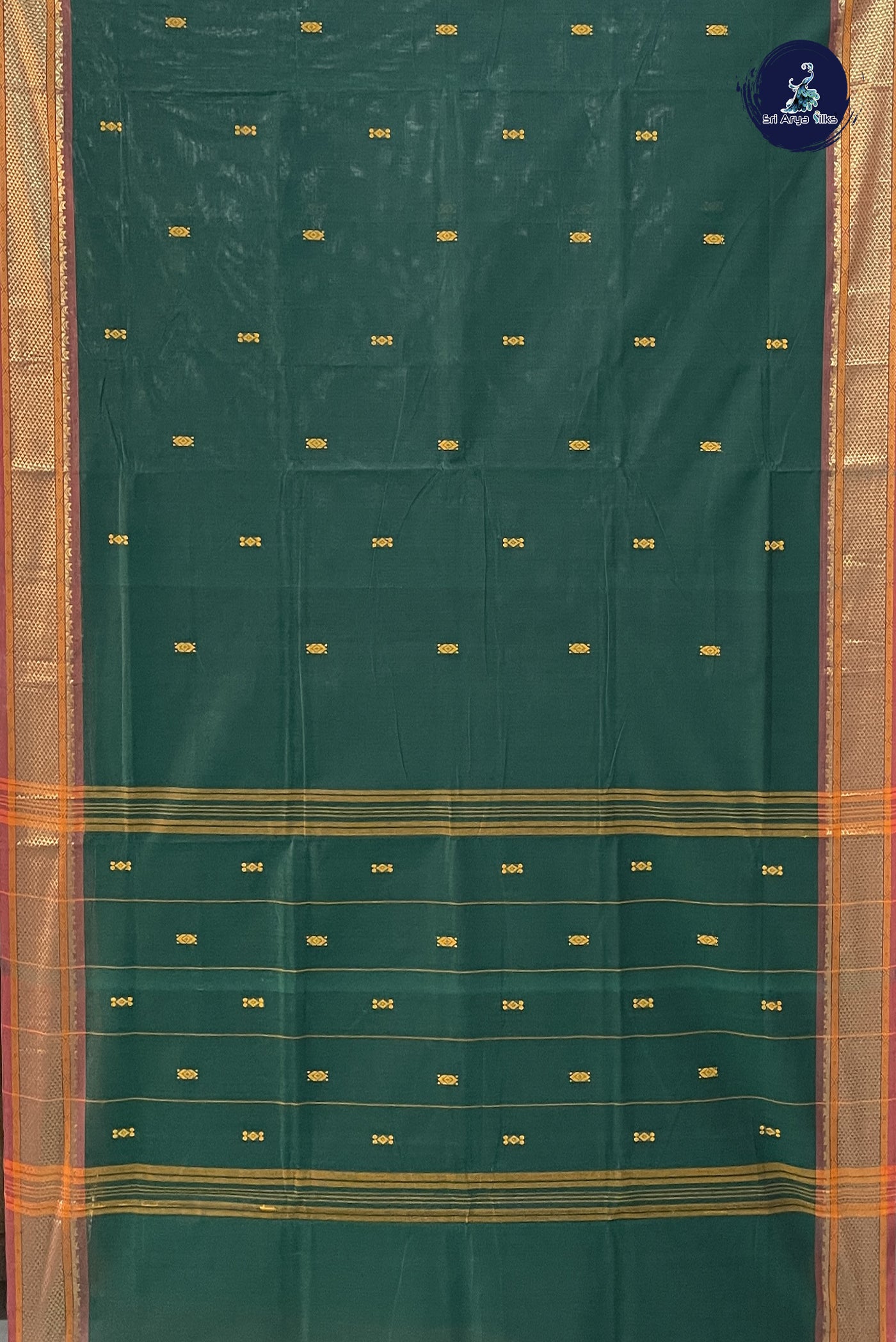 Dark Green Chettinad Cotton Saree With Buttas Pattern