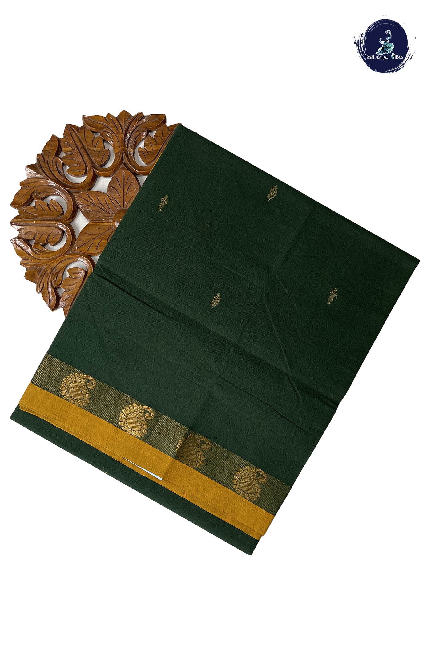 Green Chettinad Cotton Saree With Zari Buttas Pattern