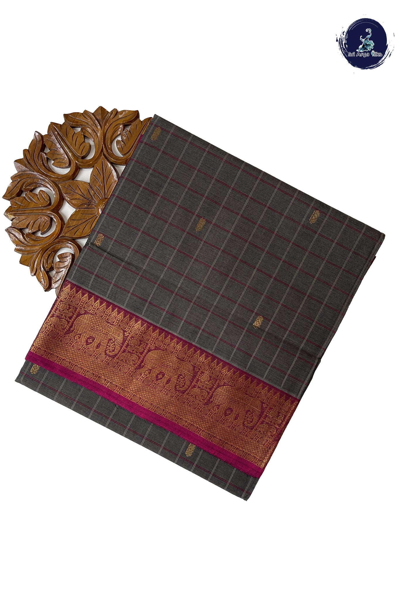 Grey Chettinad Cotton Saree With Checked Pattern