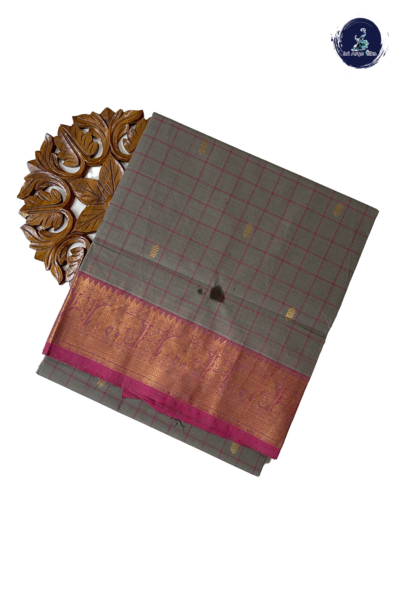 Grey Chettinad Cotton Saree With Checked Pattern