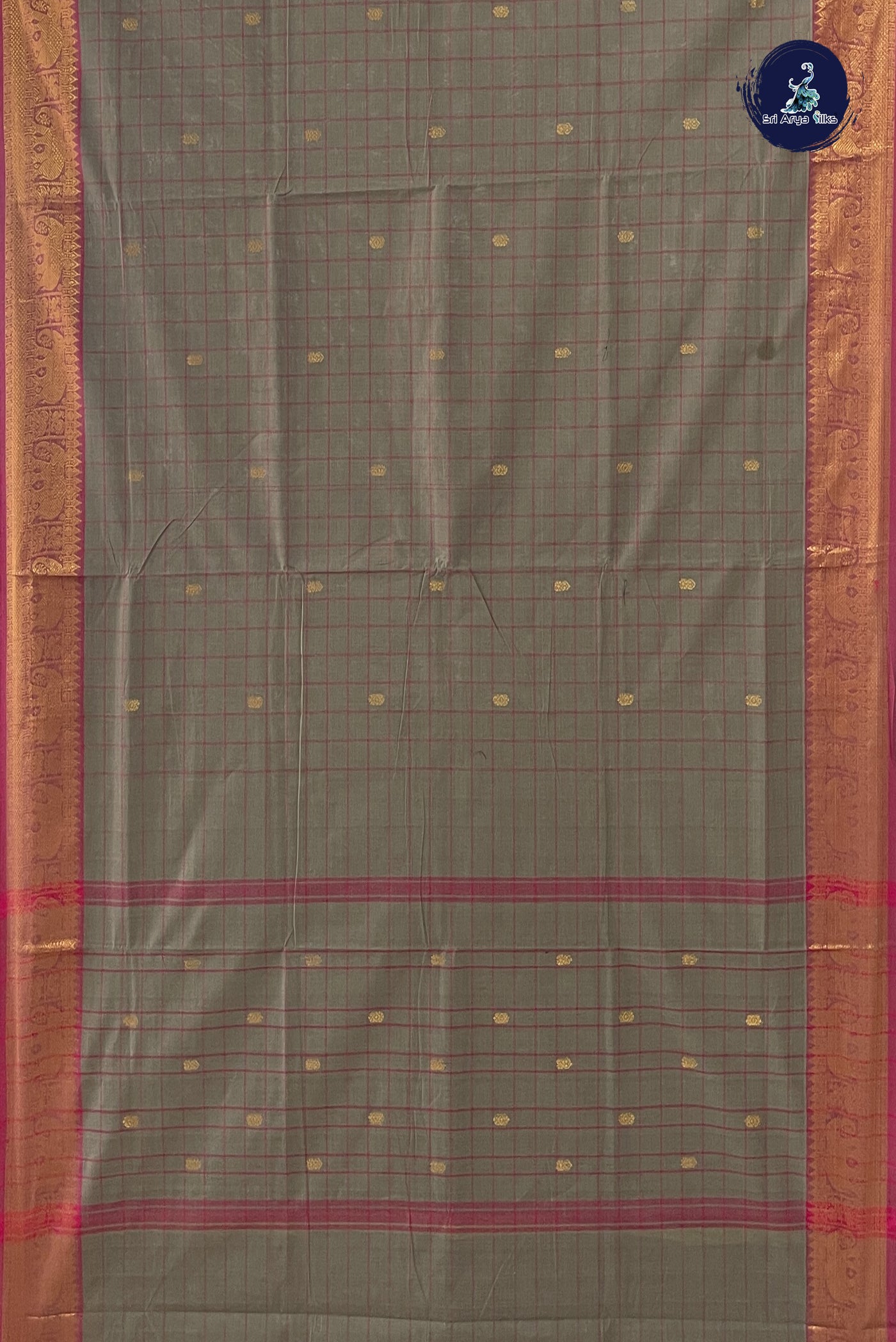 Grey Chettinad Cotton Saree With Checked Pattern