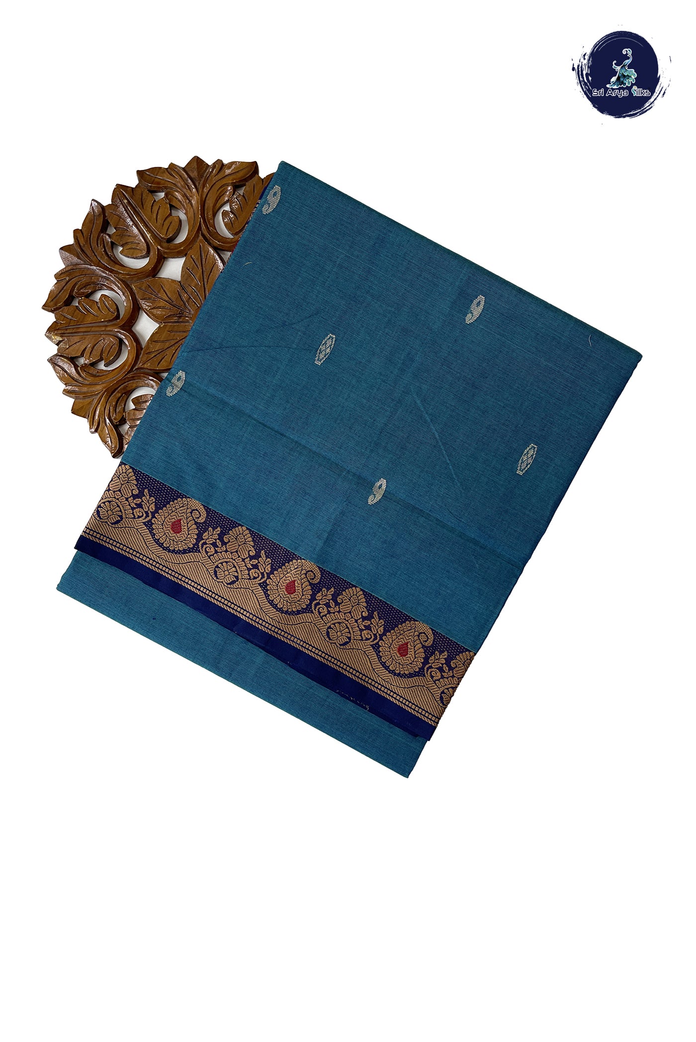 Greyish Blue Chettinad Cotton Saree With Buttas Pattern