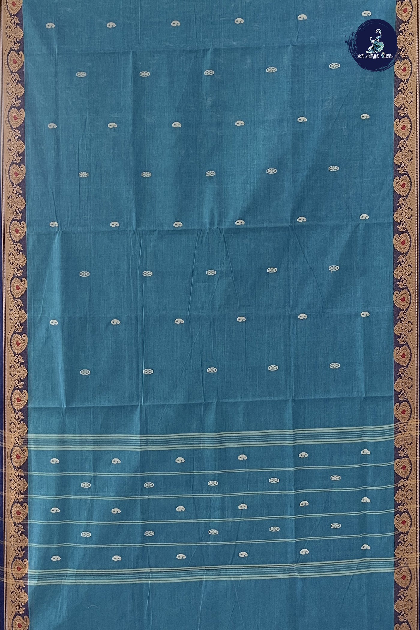 Greyish Blue Chettinad Cotton Saree With Buttas Pattern