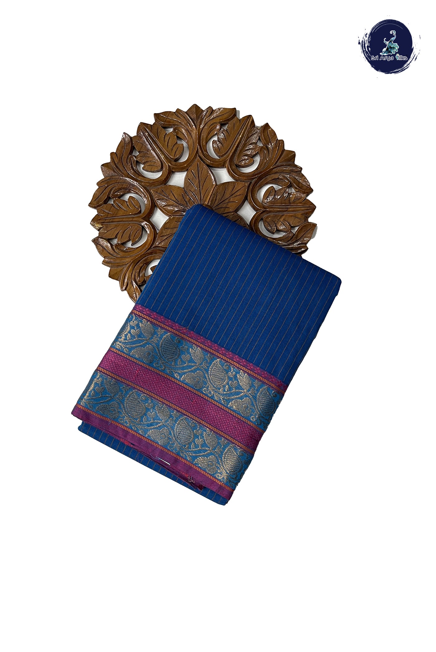 Copper Sulphate Blue Chettinad Cotton Saree With Stripes Pattern