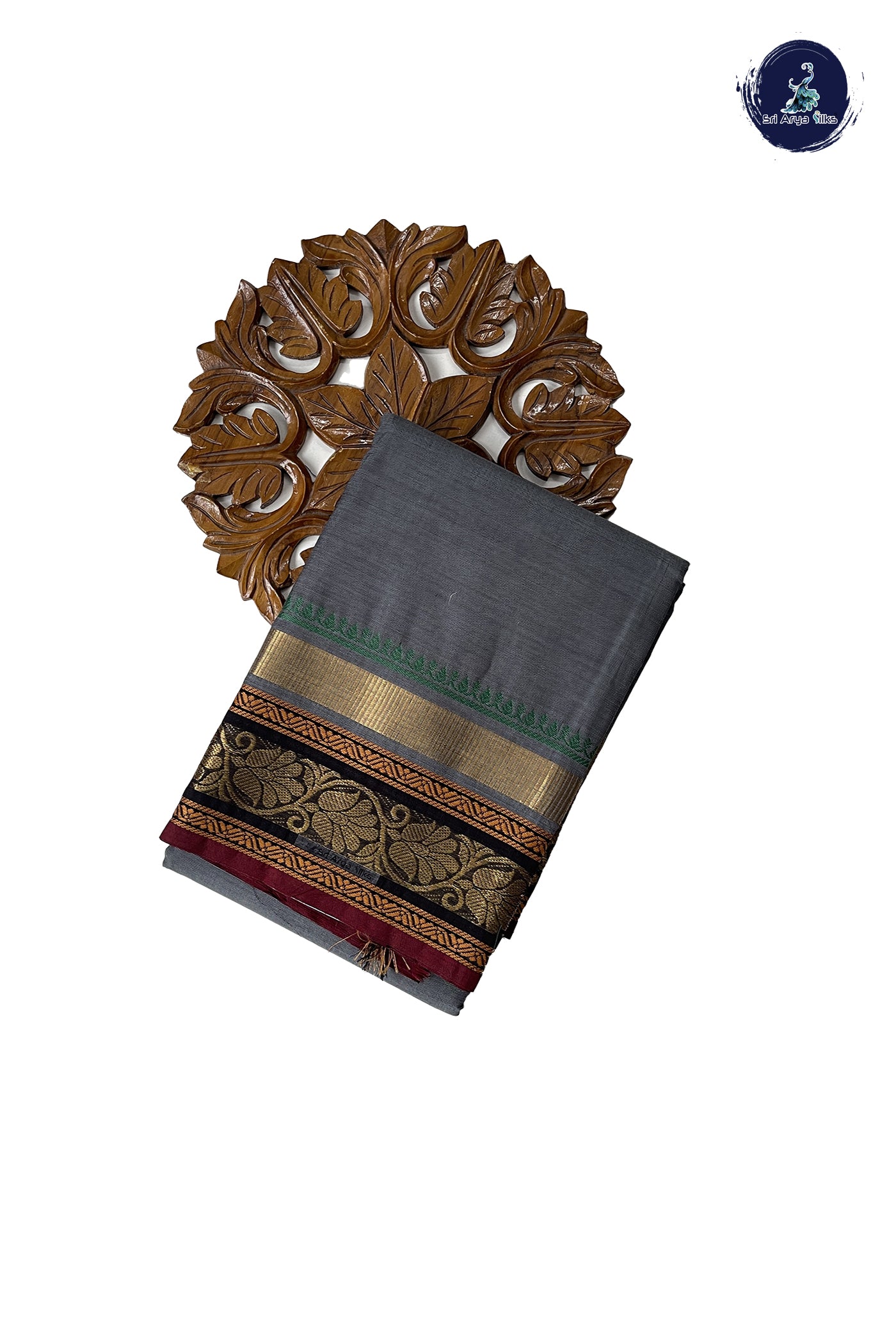 Grey Chettinad Cotton Saree With Plain Pattern