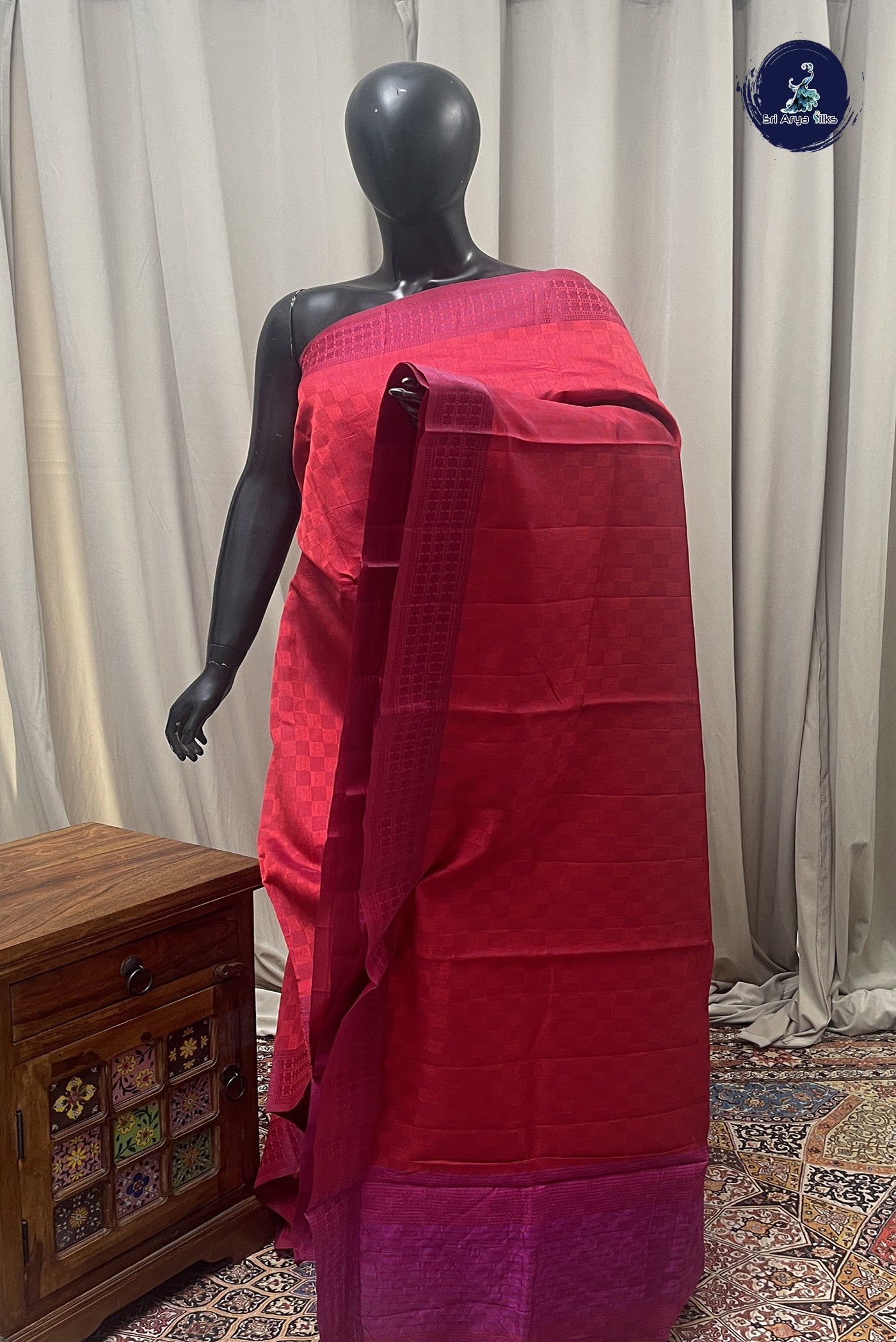 Red Semi Tussar Saree With Embossed   Pattern