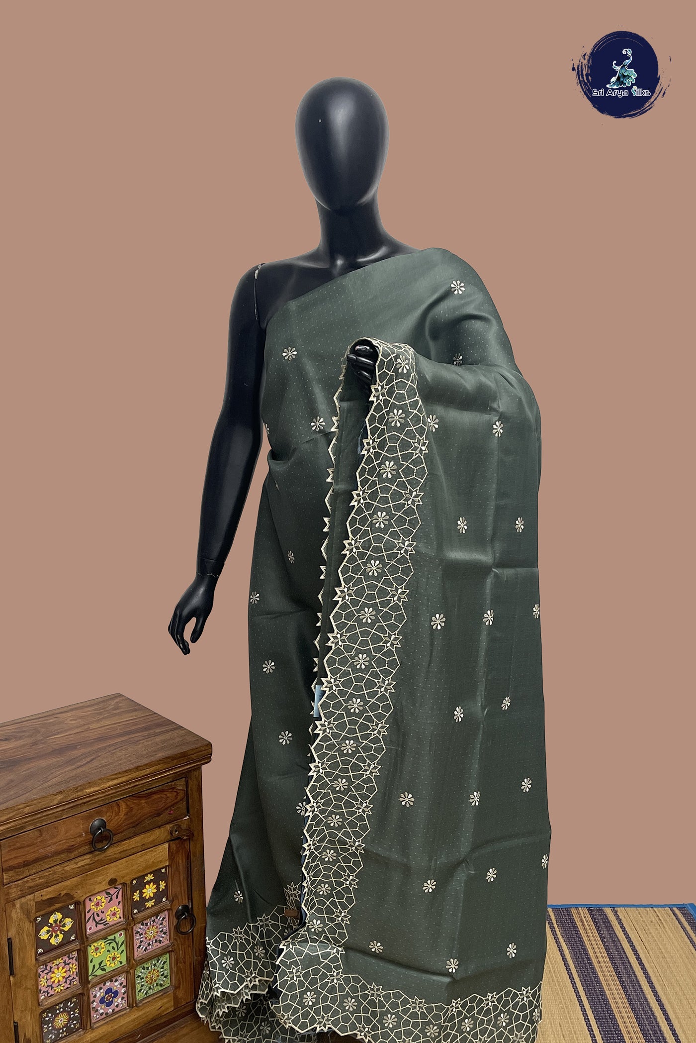 Olive Green Semi Tussar Saree With Embroidery Pattern