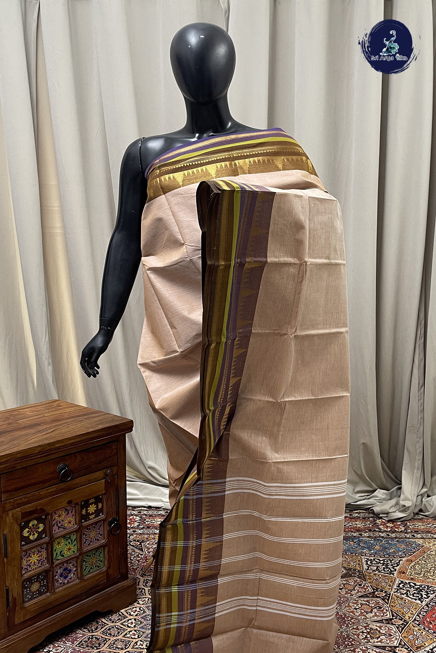 Beige Cotton Saree With Plain Pattern