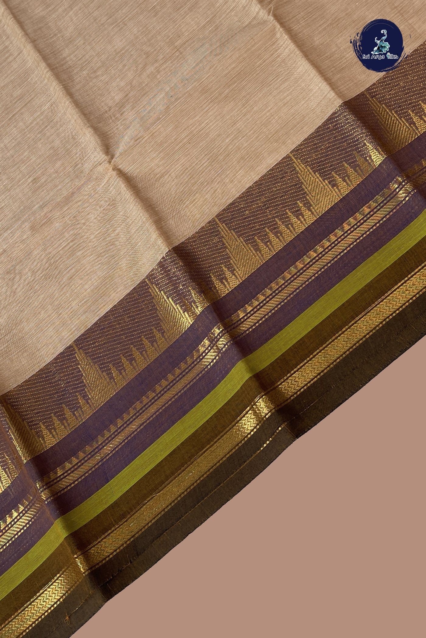Beige Cotton Saree With Plain Pattern