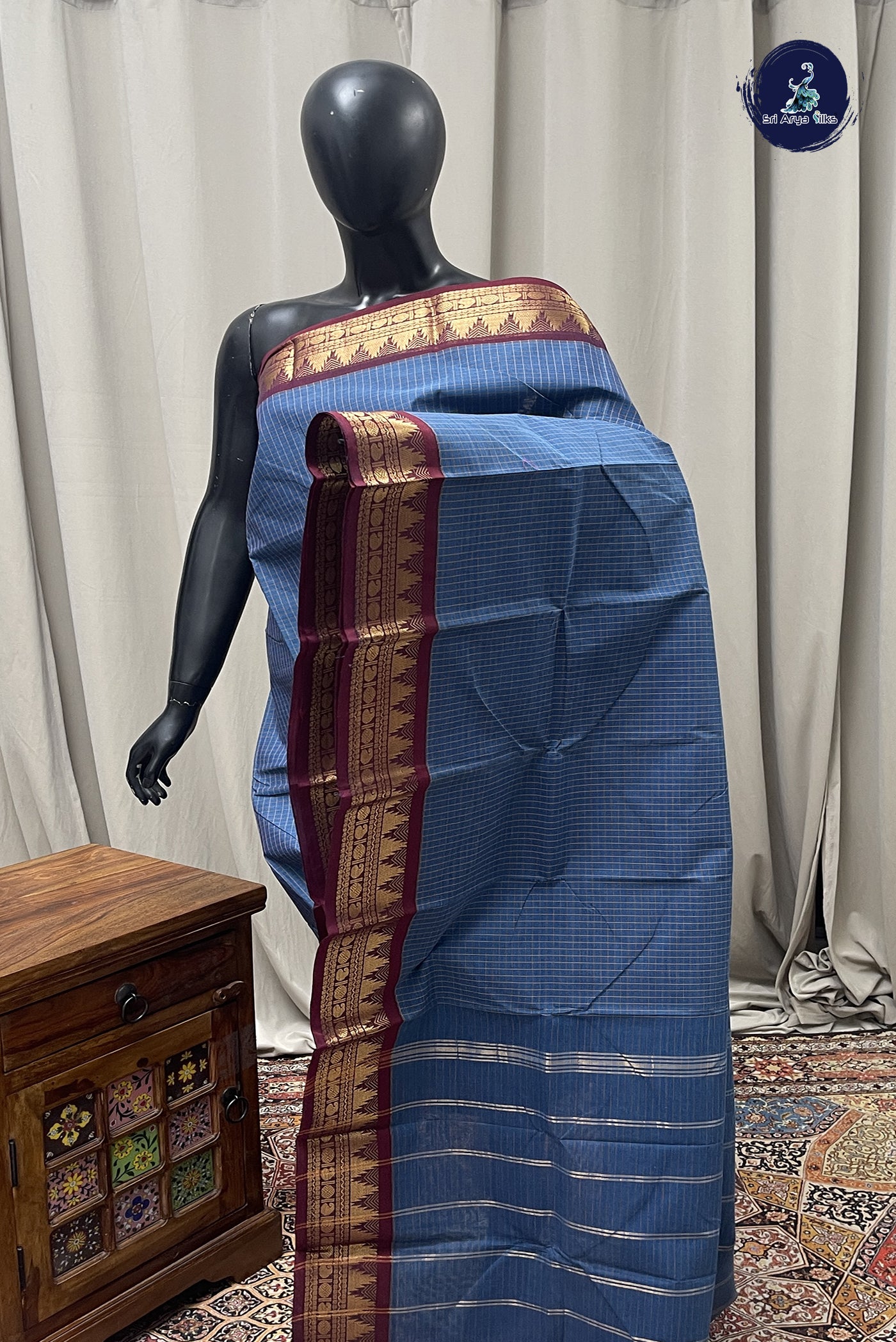 Blue Cotton Saree With Checked  Pattern