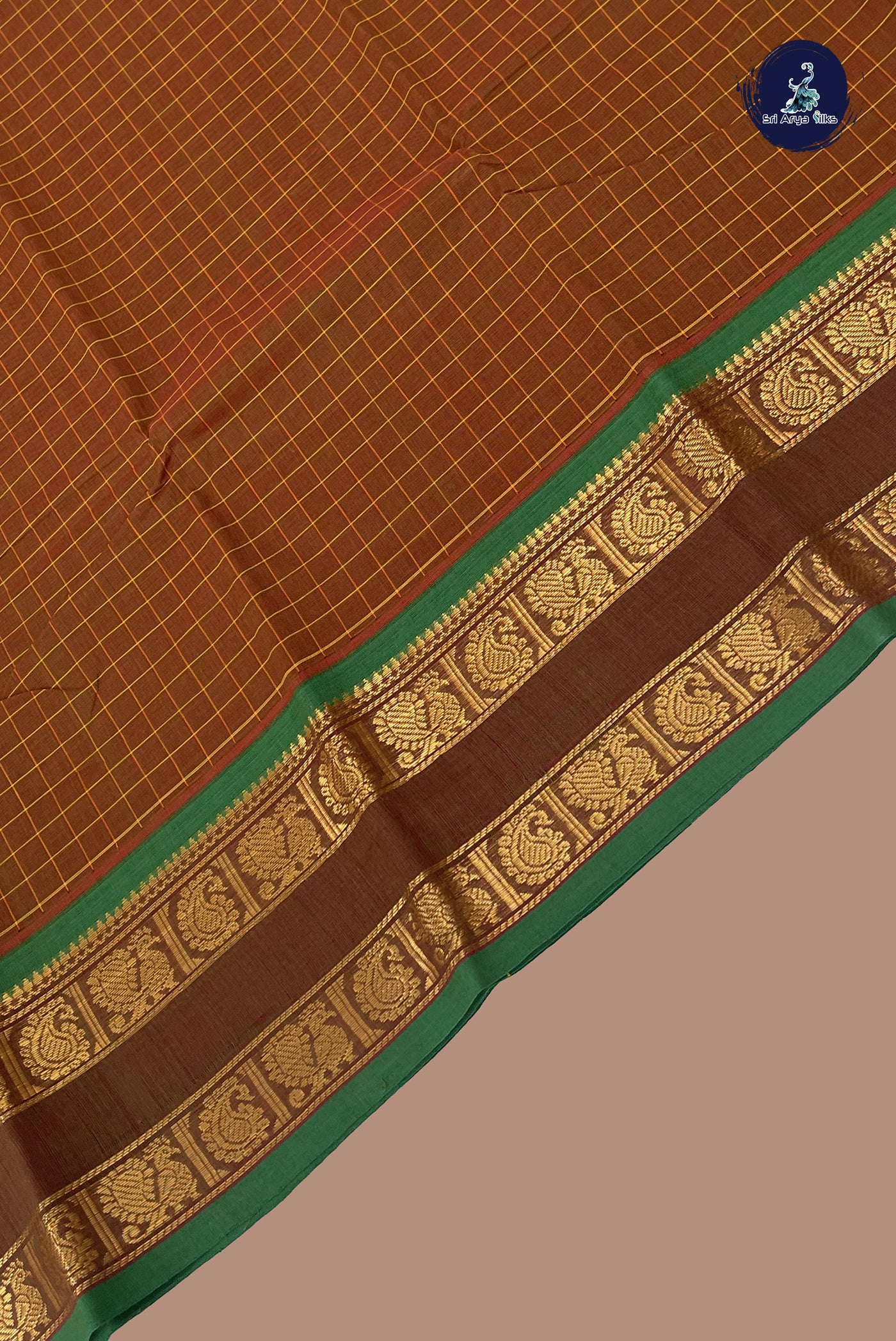 Brown Cotton Saree With Checked  Pattern