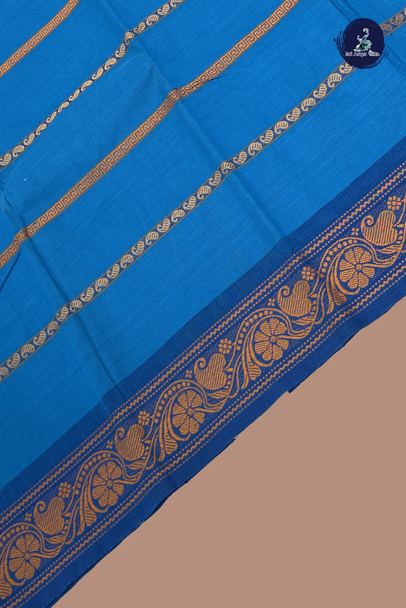 Blue Cotton Saree With Stripes Pattern