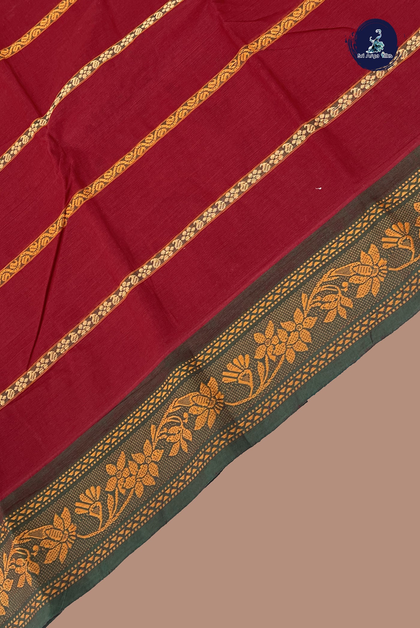 Maroon Cotton Saree With Stripes Pattern