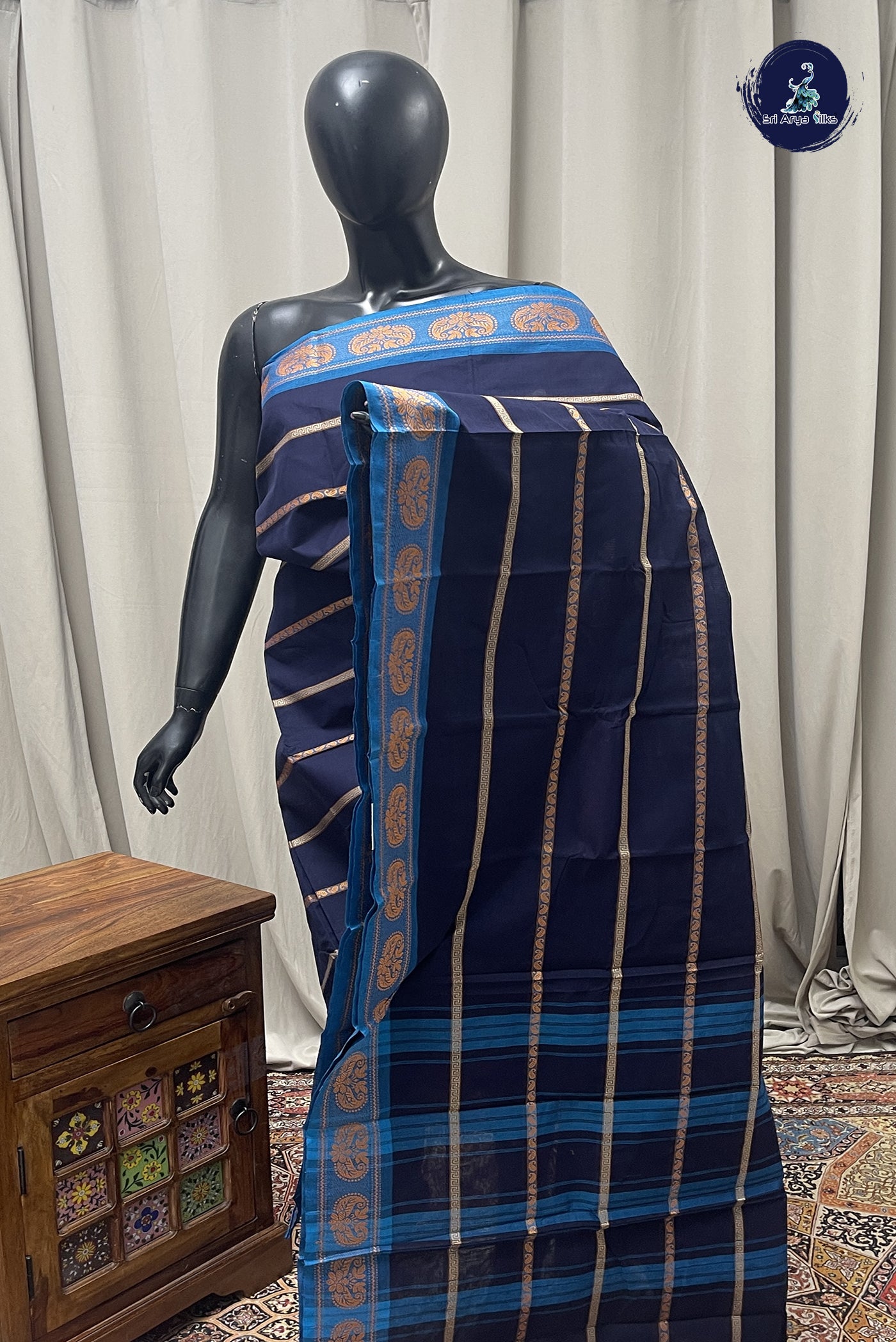 Navy Blue Cotton Saree With Stripes Pattern