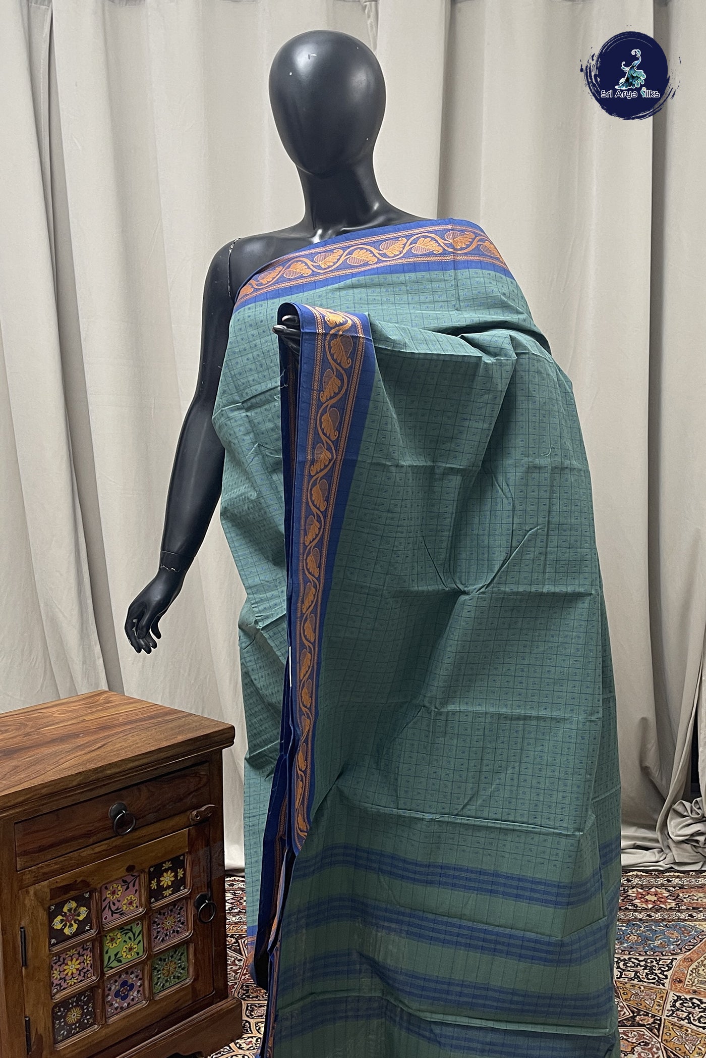 Greenish Grey Cotton Saree With Checked Pattern