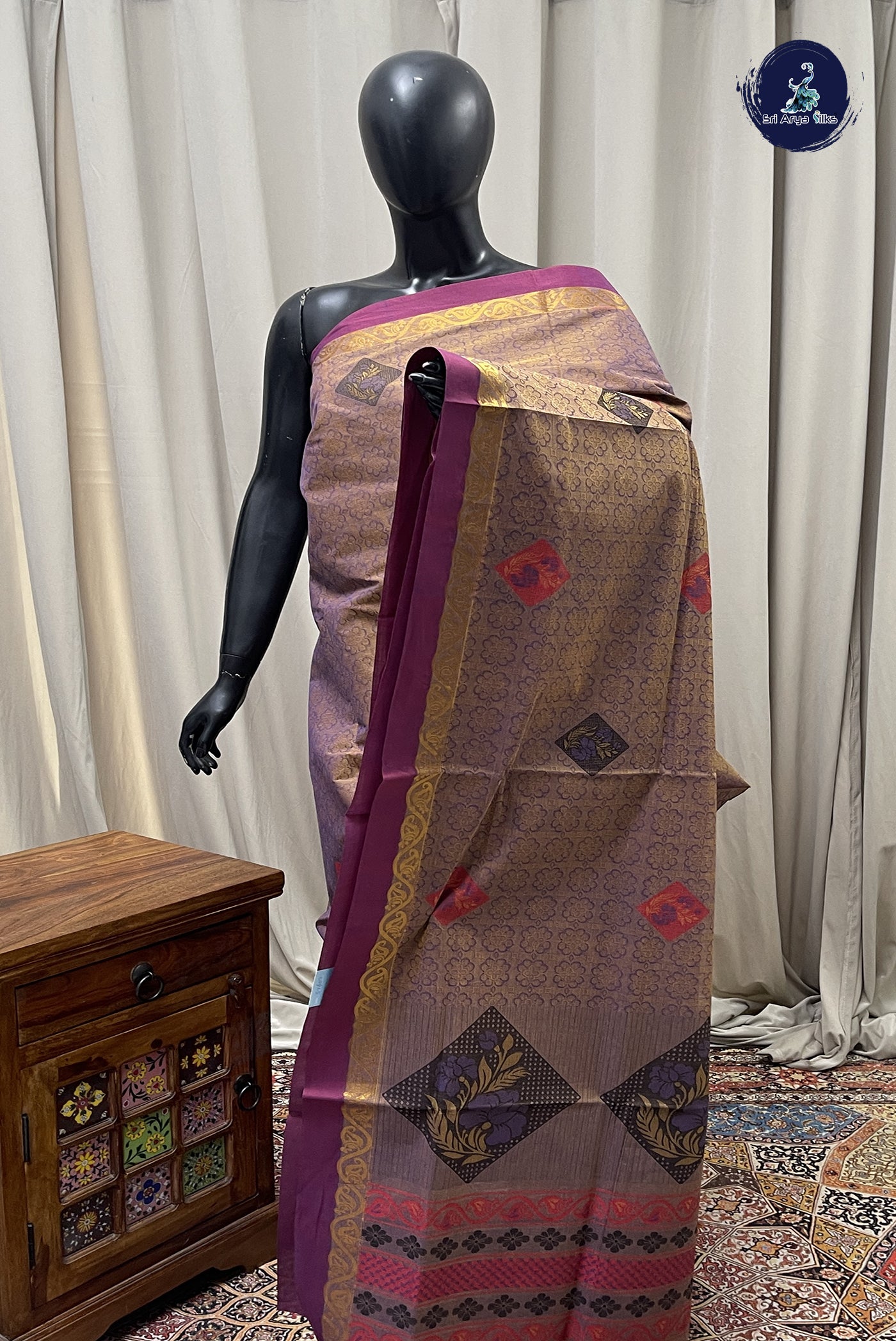 Mustard Cotton Saree With Embossed Pattern