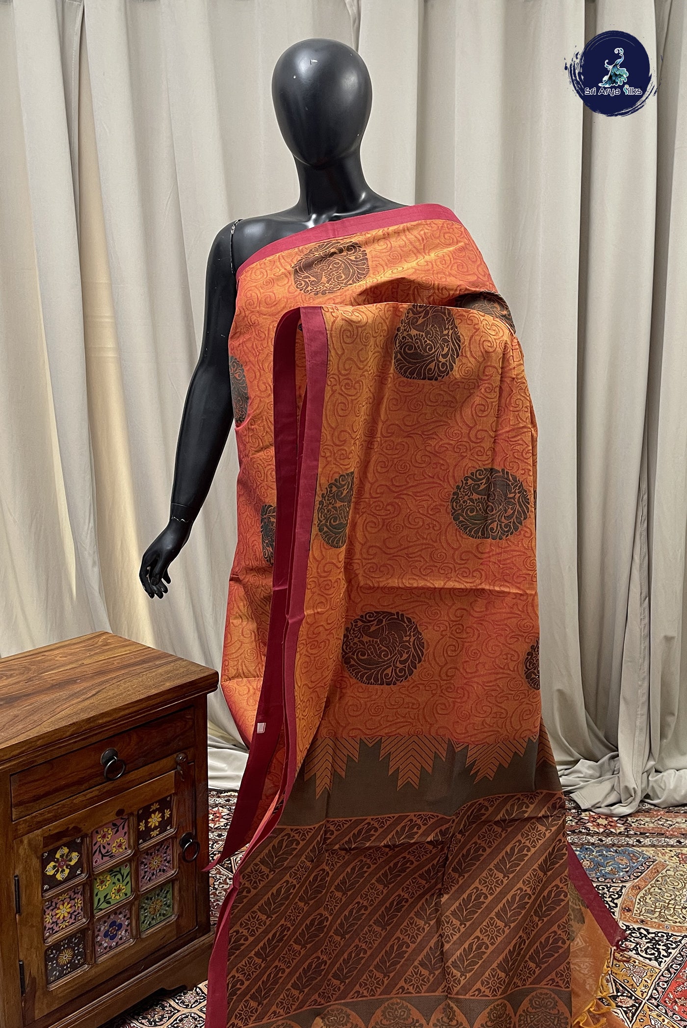 Orange Cotton Saree With Embossed Pattern