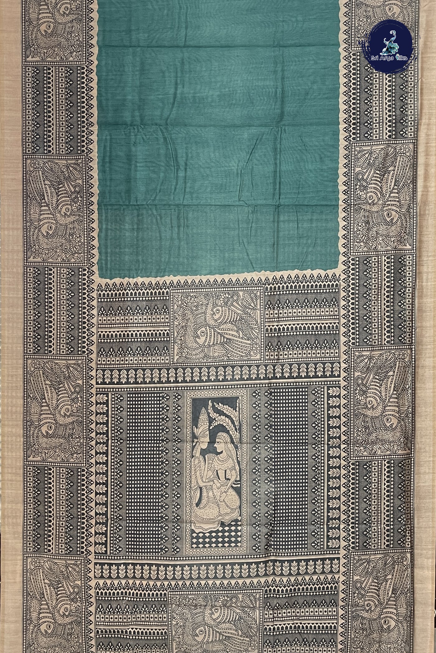 Teal Tussar Saree With Plain Pattern