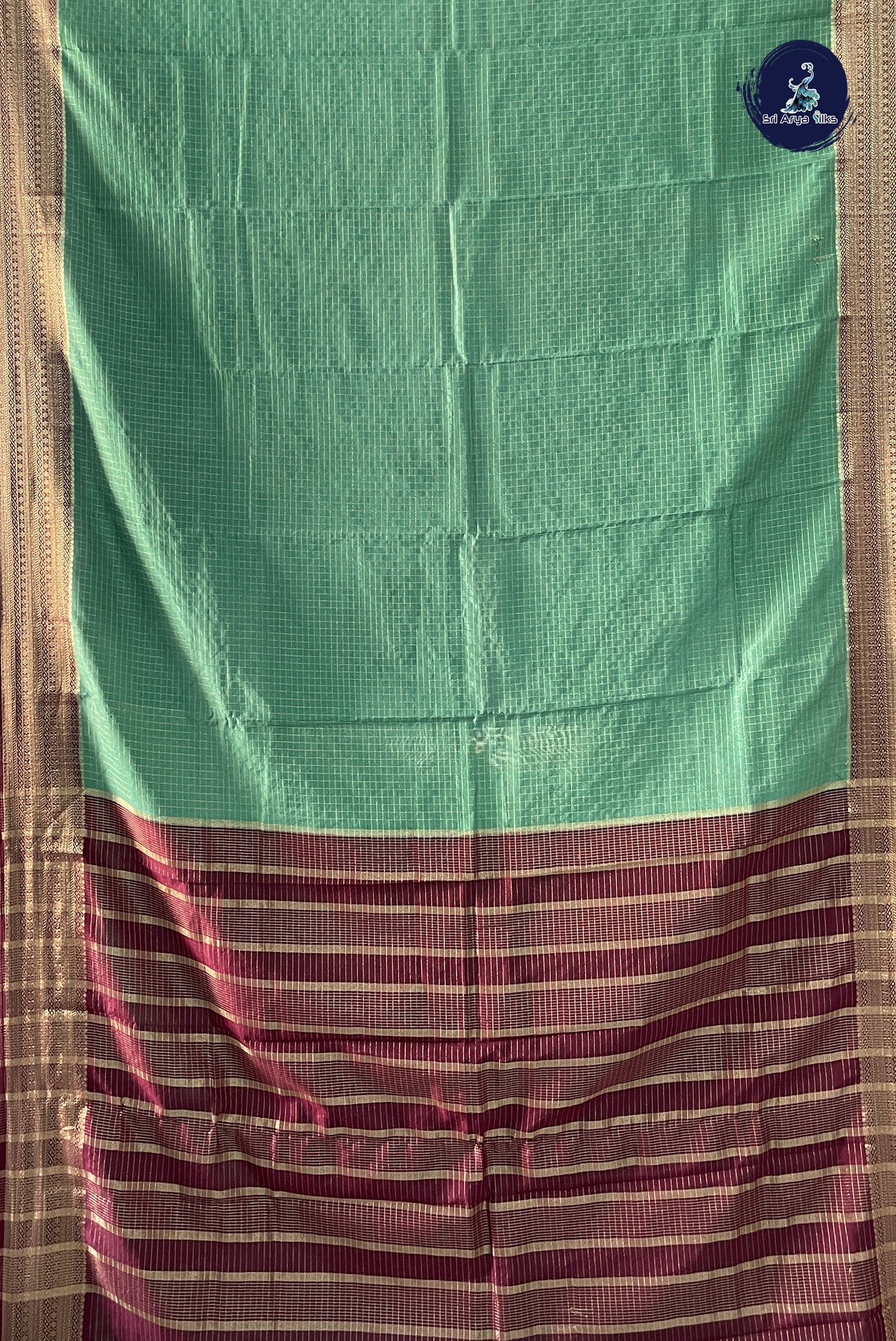 Sea Green Semi Banarasi Saree With Zari Checked Pattern