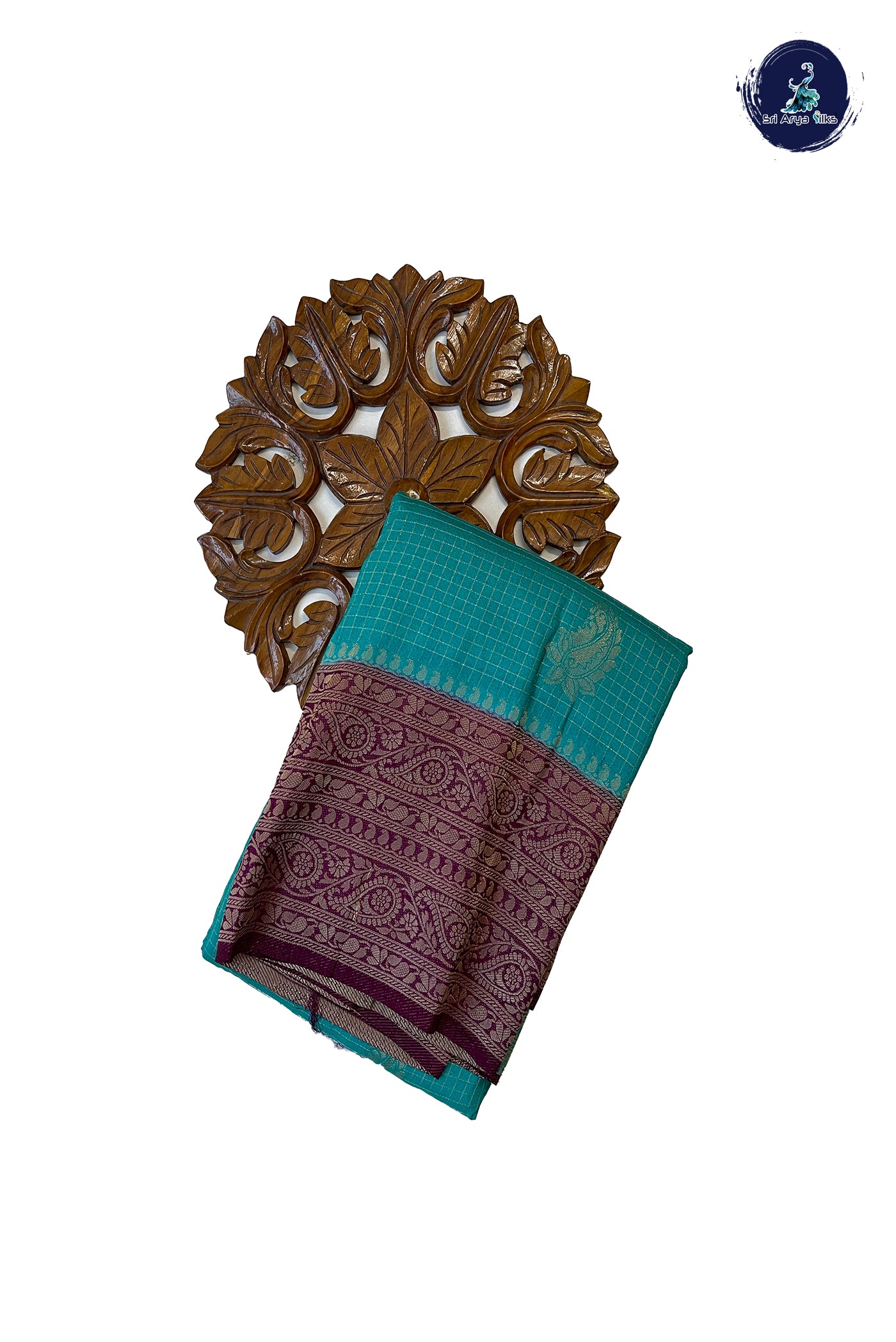 Turquoise Semi Banarasi Saree With Zari Checked Pattern