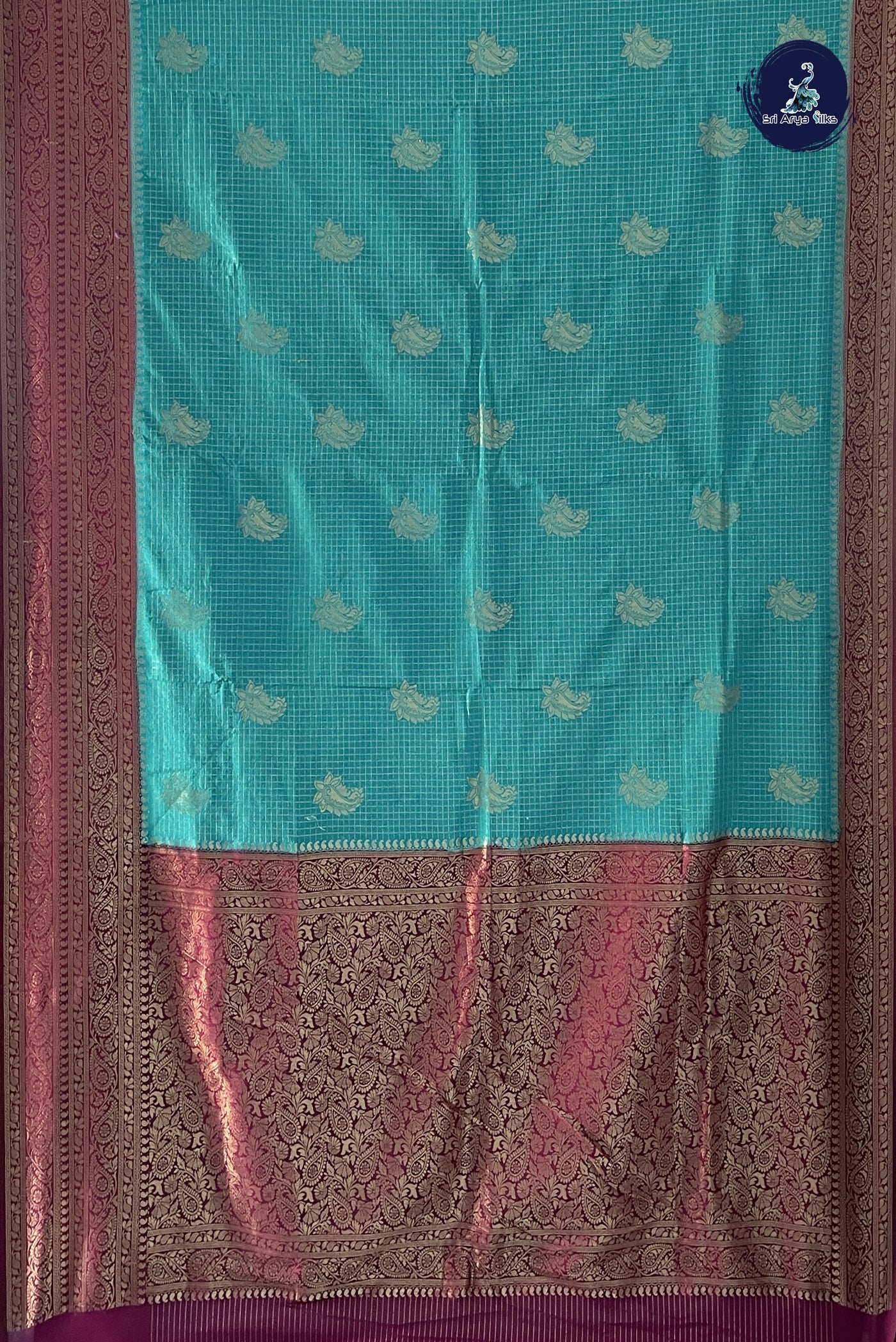 Turquoise Semi Banarasi Saree With Zari Checked Pattern